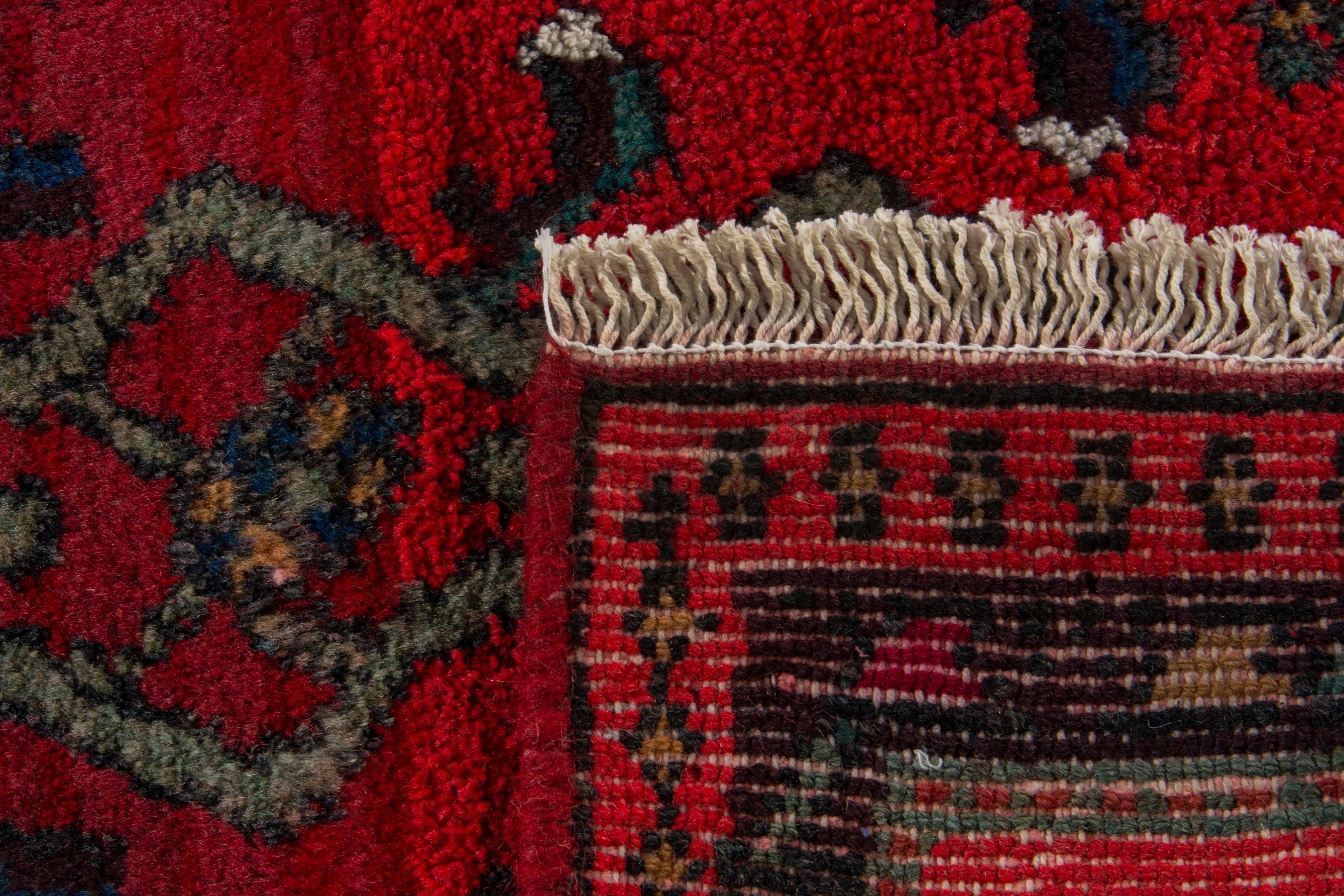Persian Hamedan accent rug in deep red and dark teal, view 9 of 9
