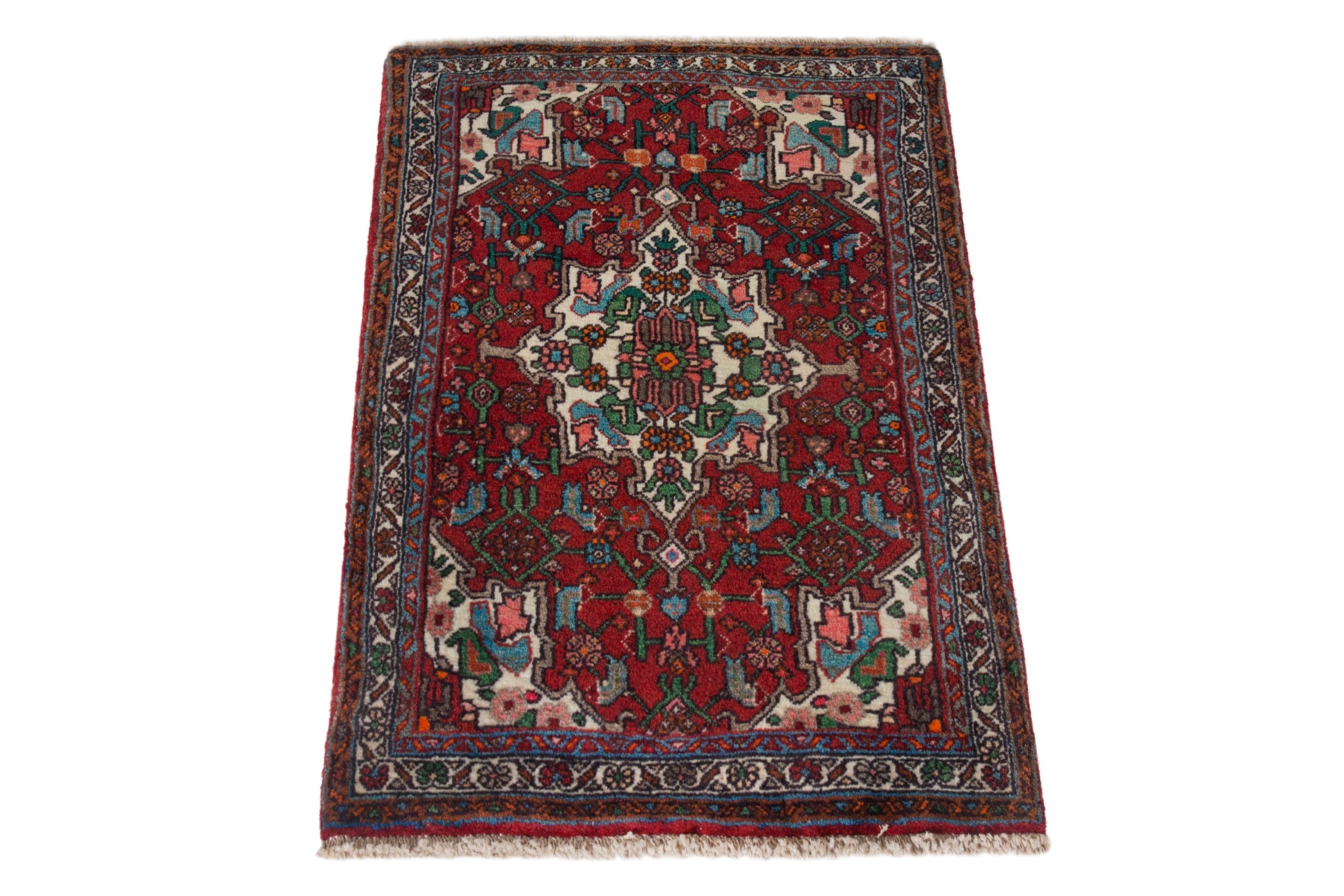 Persian Bijar accent rug in deep red and off-white, view 2 of 7