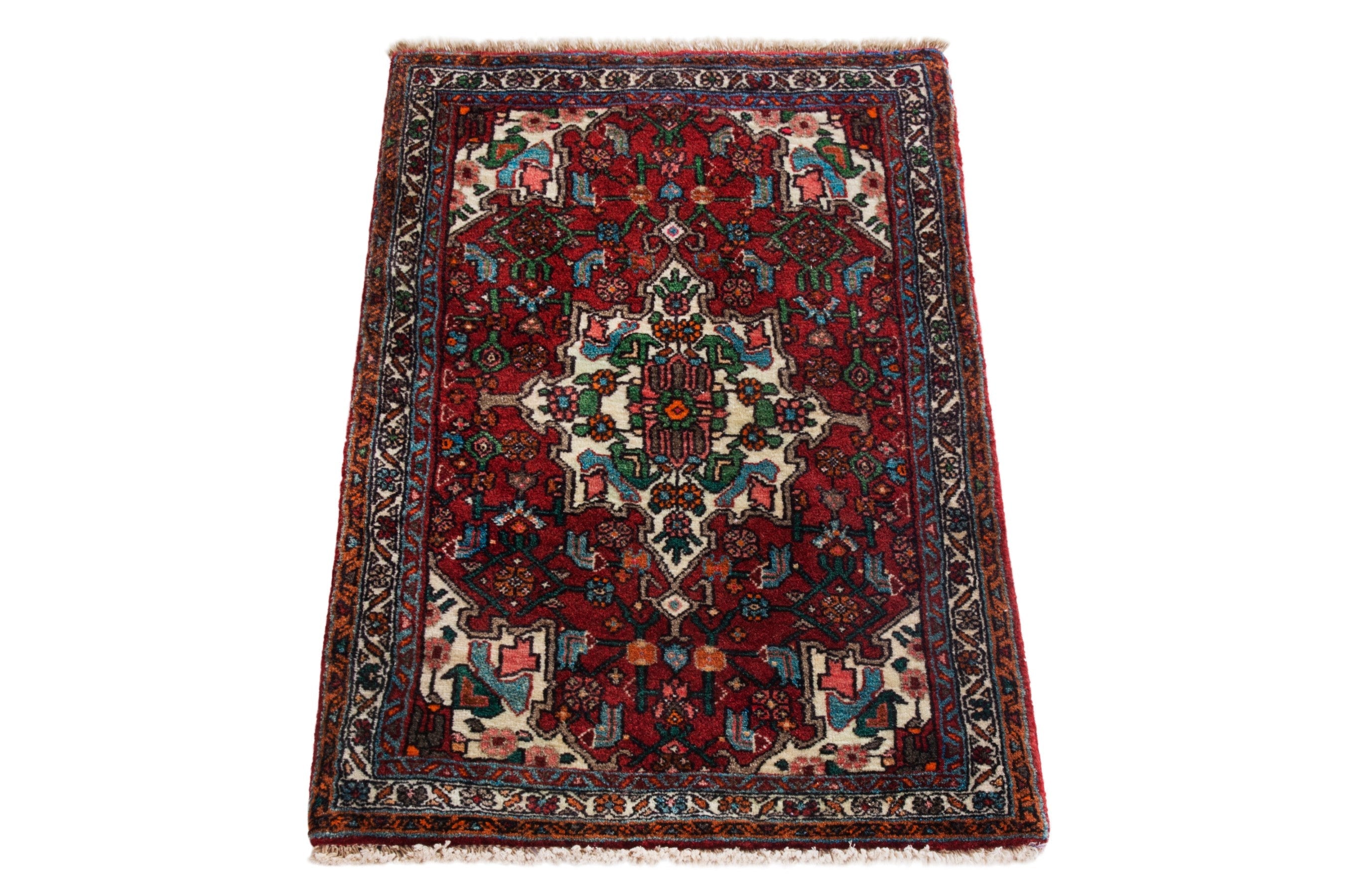 Persian Bijar accent rug in deep red and off-white, view 3 of 7