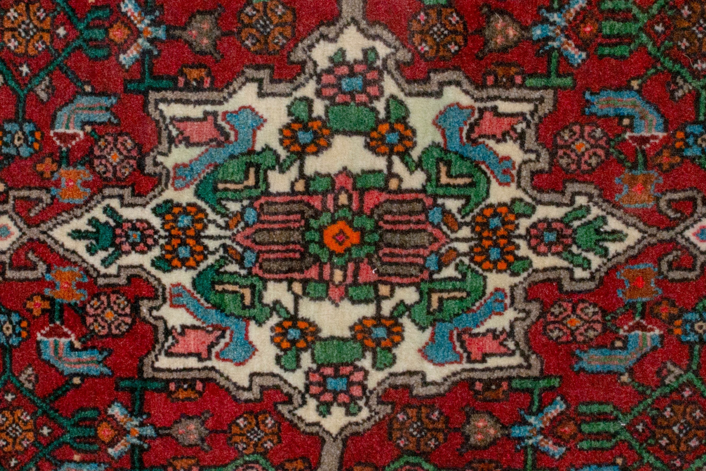 Persian Bijar accent rug in deep red and off-white, view 6 of 7