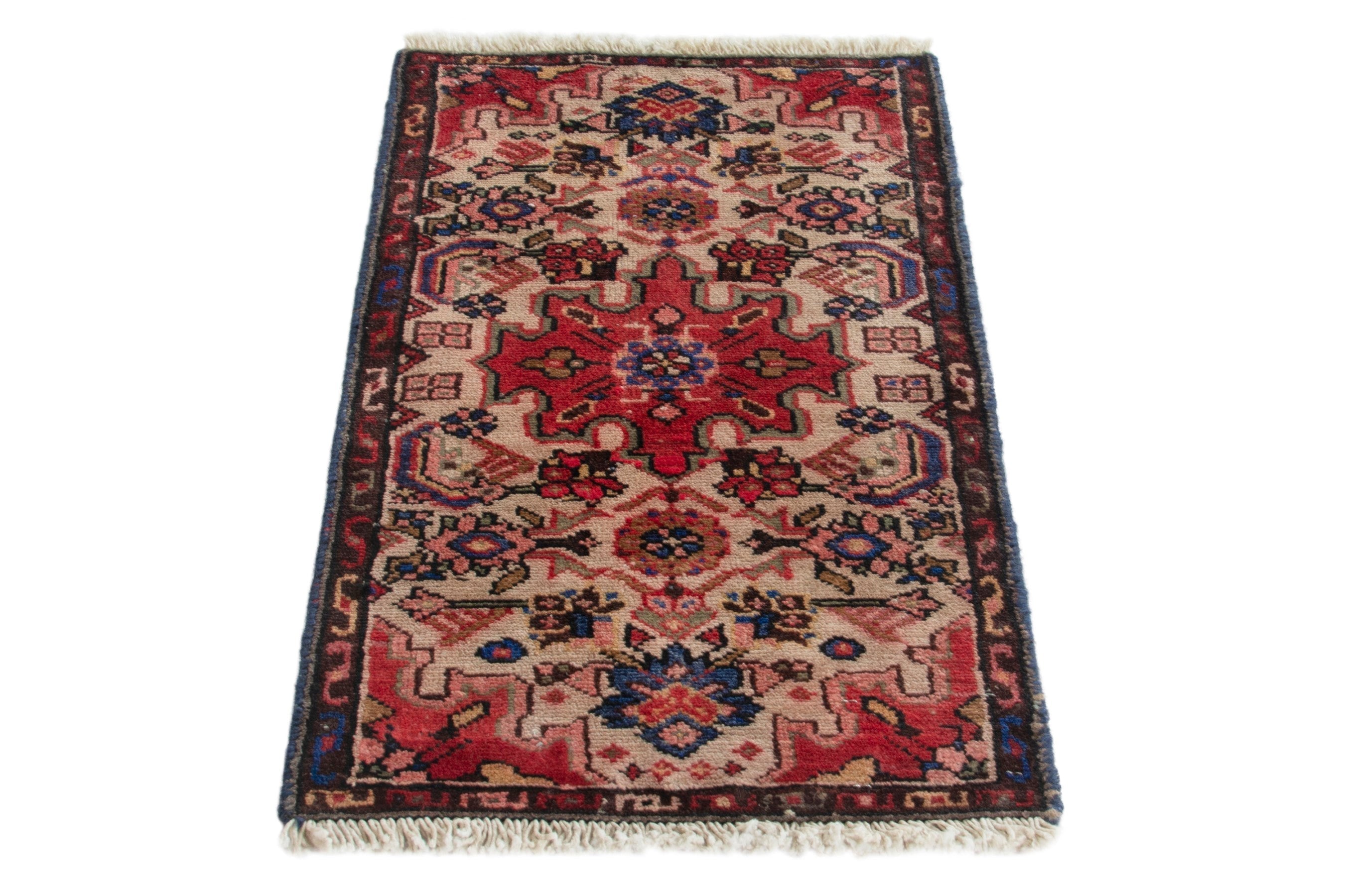 Persian Gharajeh accent rug in muted pink and deep red, view 2 of 9