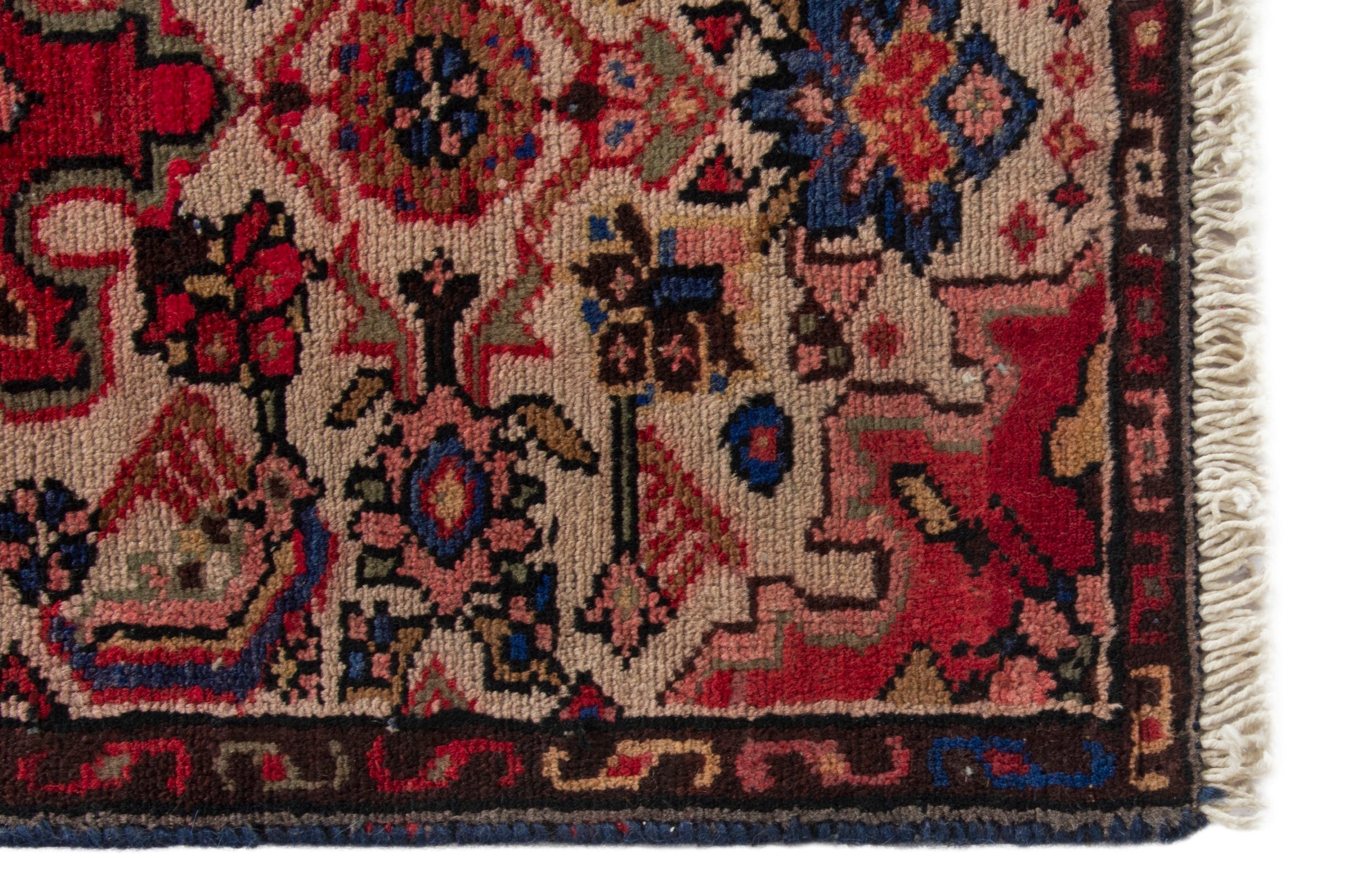 Persian Gharajeh accent rug in muted pink and deep red, view 5 of 9