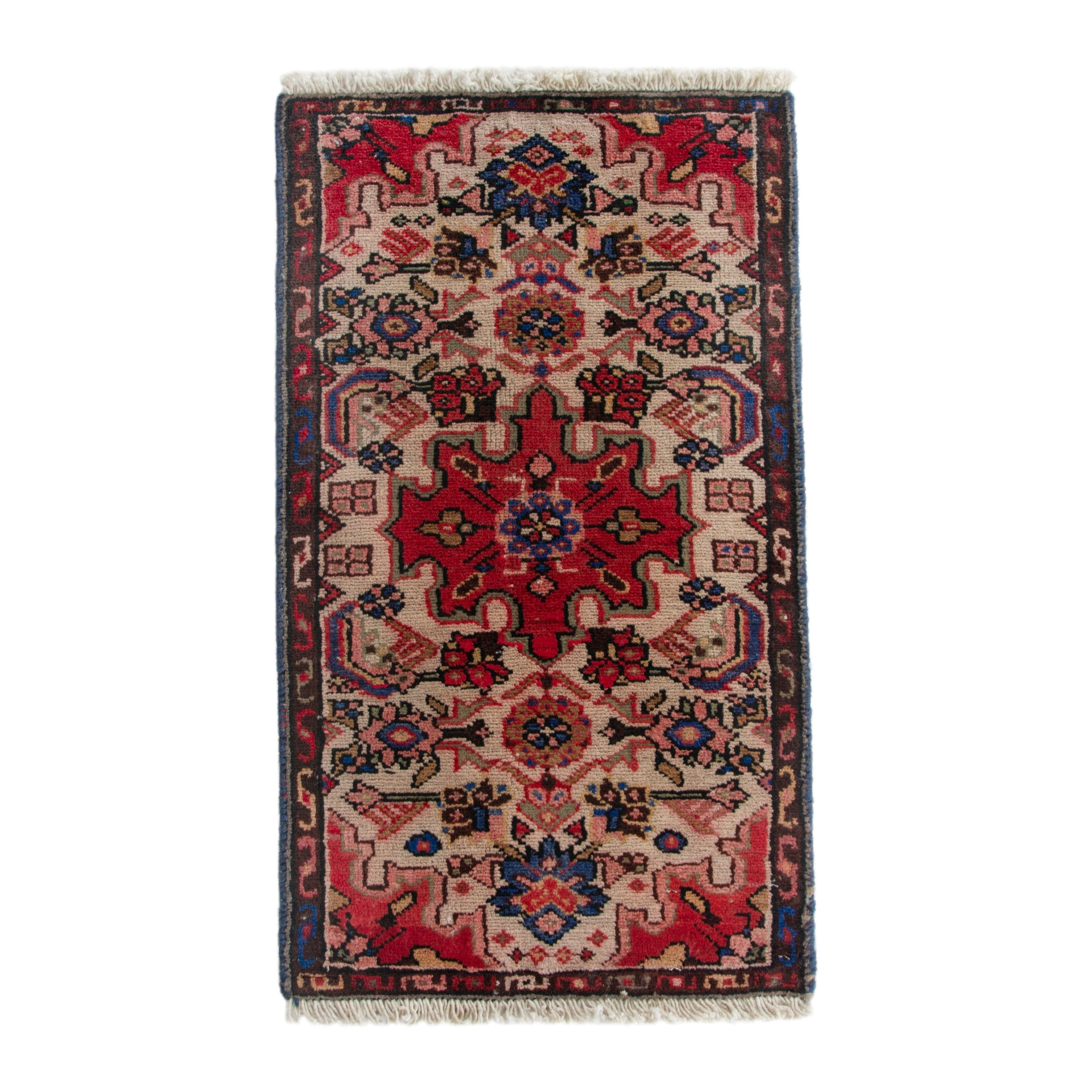 Persian Gharajeh accent rug in muted pink and deep red, 1'6" x 2'9"