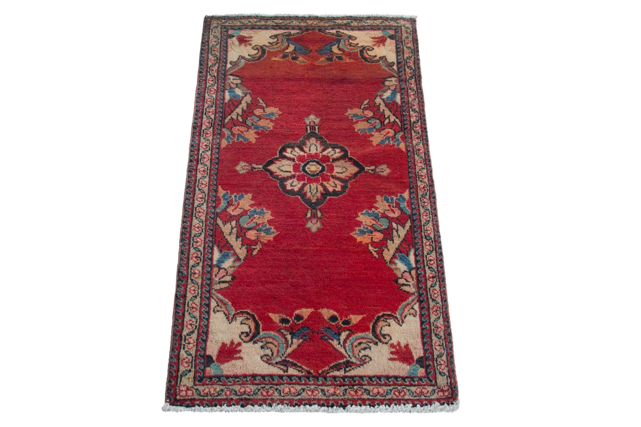 Persian Hamedan accent rug in deep red and cream, view 2 of 8