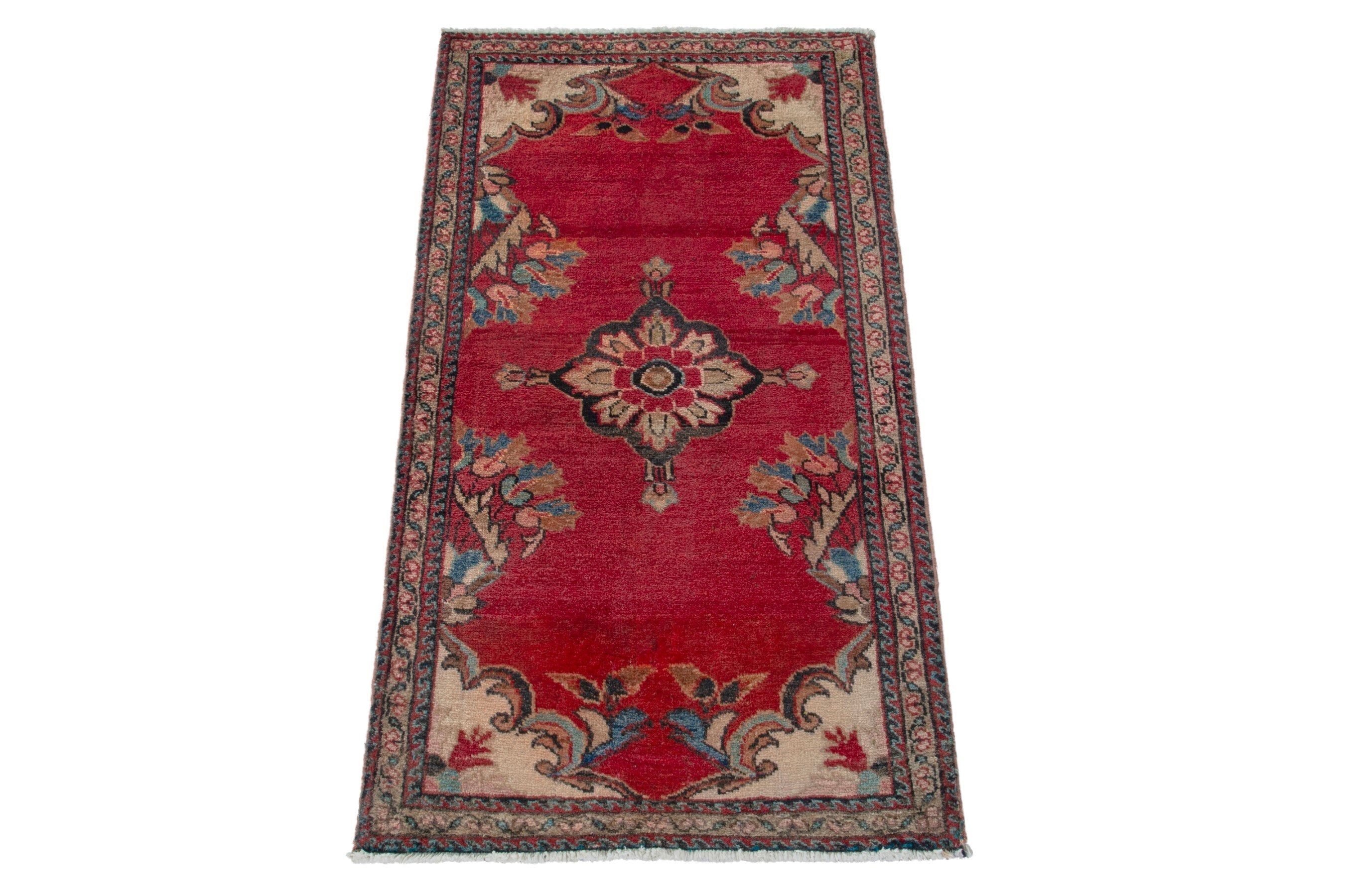 Persian Hamedan accent rug in deep red and cream, view 3 of 8