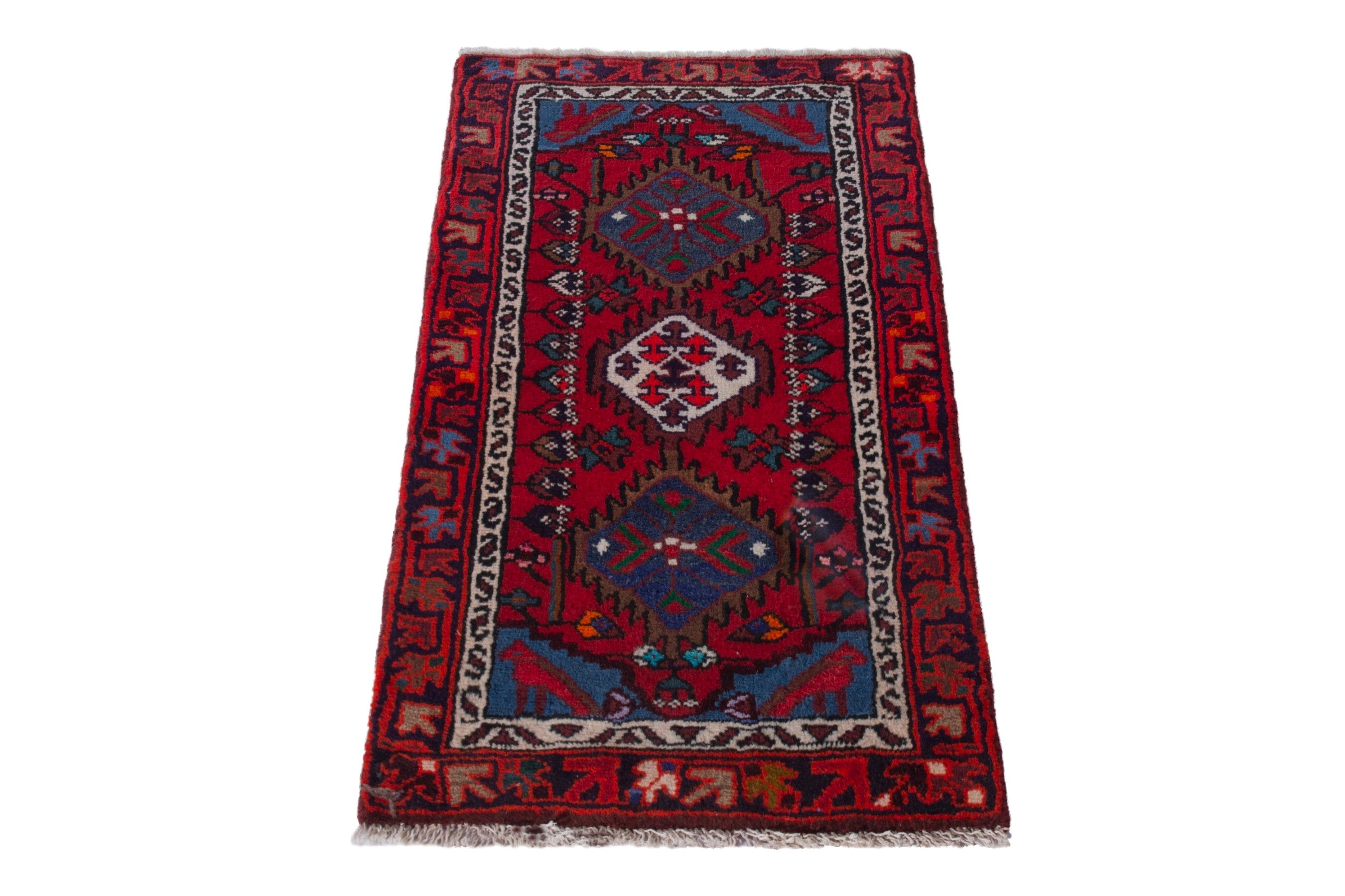 Persian Hamedan accent rug in deep red and dark blue, view 2 of 9