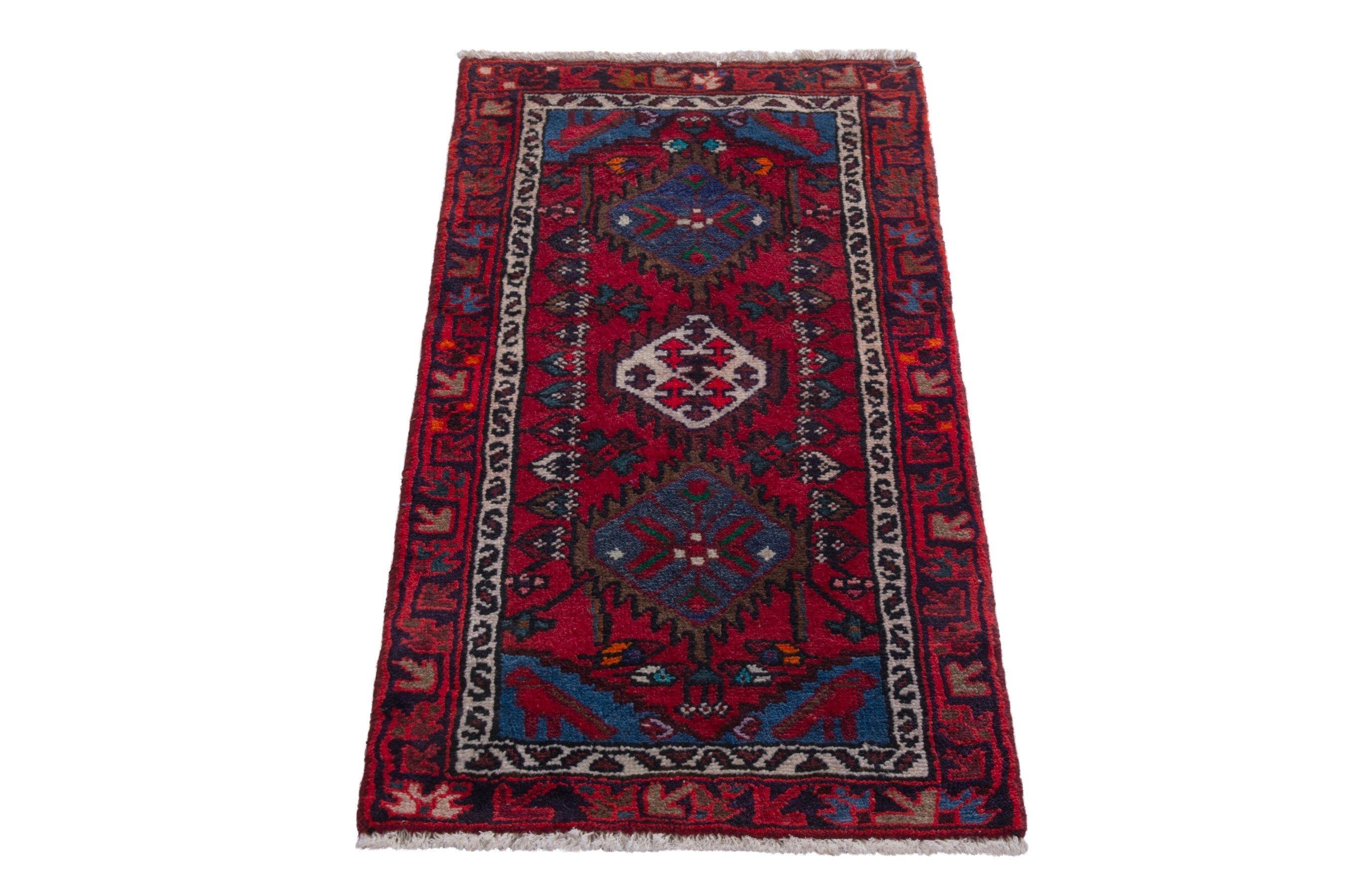 Persian Hamedan accent rug in deep red and dark blue, view 3 of 9
