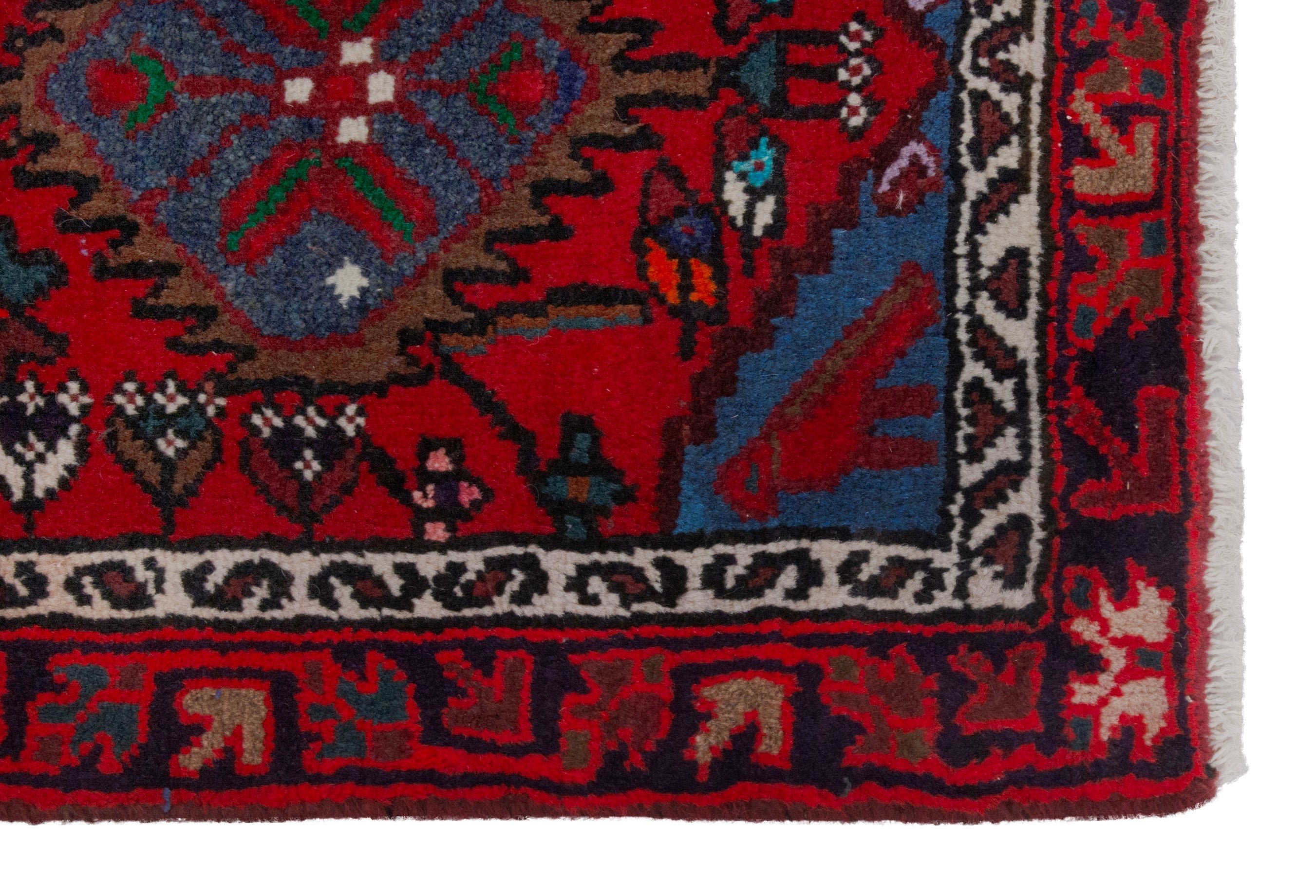 Persian Hamedan accent rug in deep red and dark blue, view 5 of 9