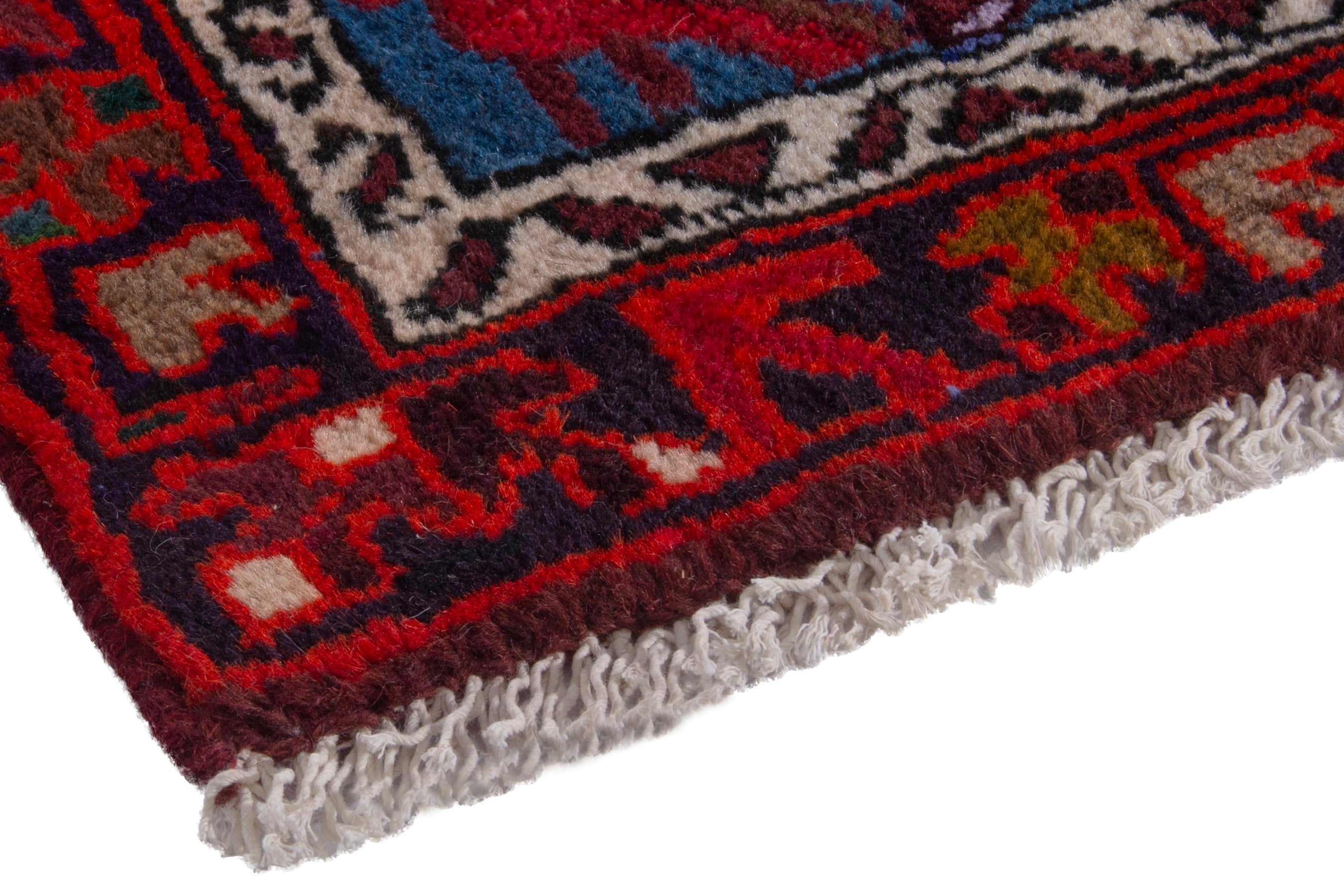 Persian Hamedan accent rug in deep red and dark blue, view 4 of 9