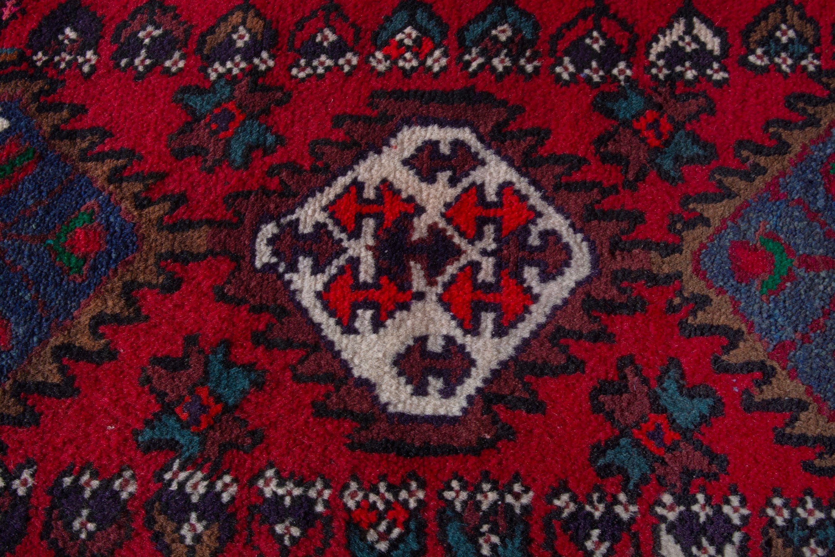 Persian Hamedan accent rug in deep red and dark blue, view 8 of 9
