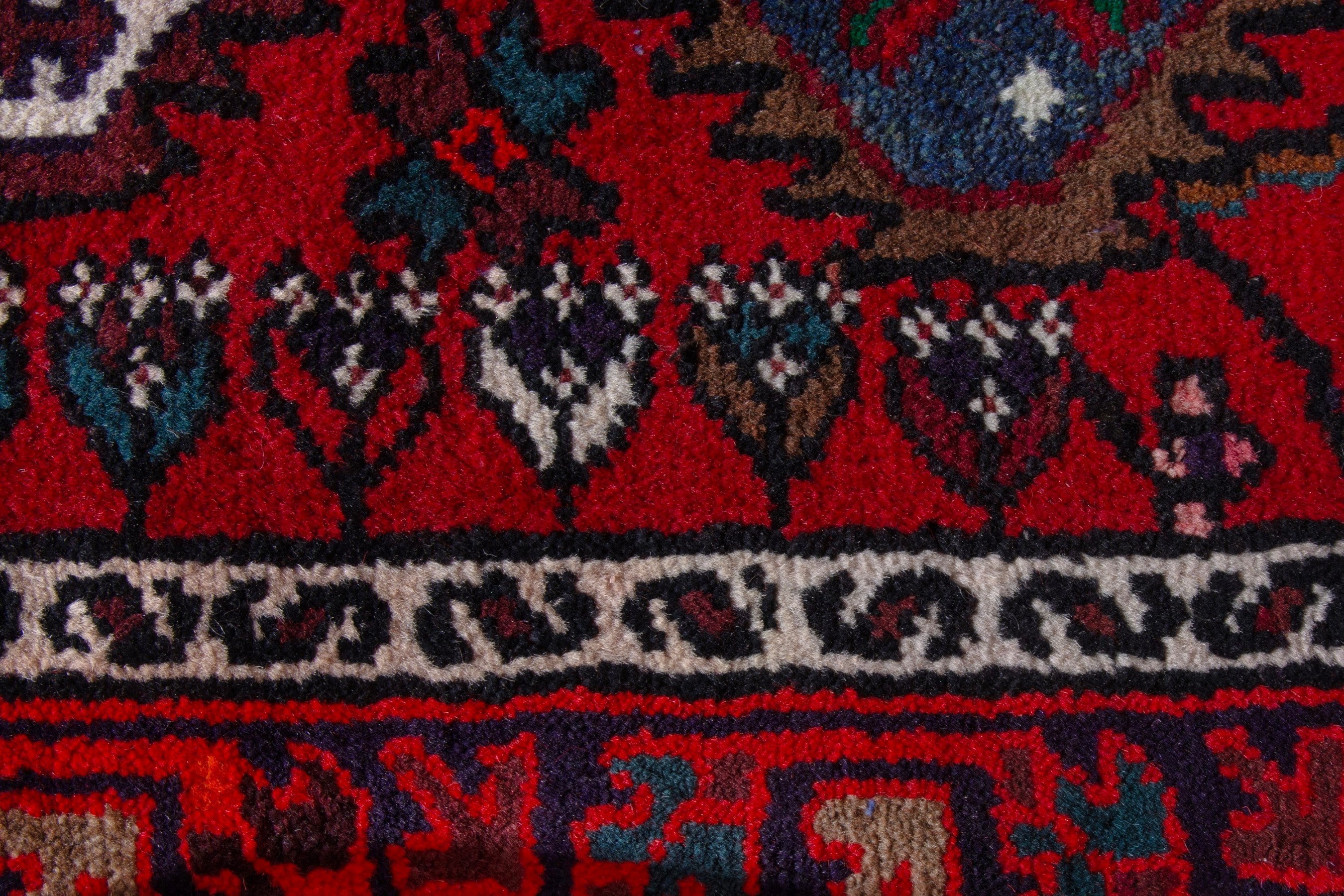 Persian Hamedan accent rug in deep red and dark blue, view 6 of 9