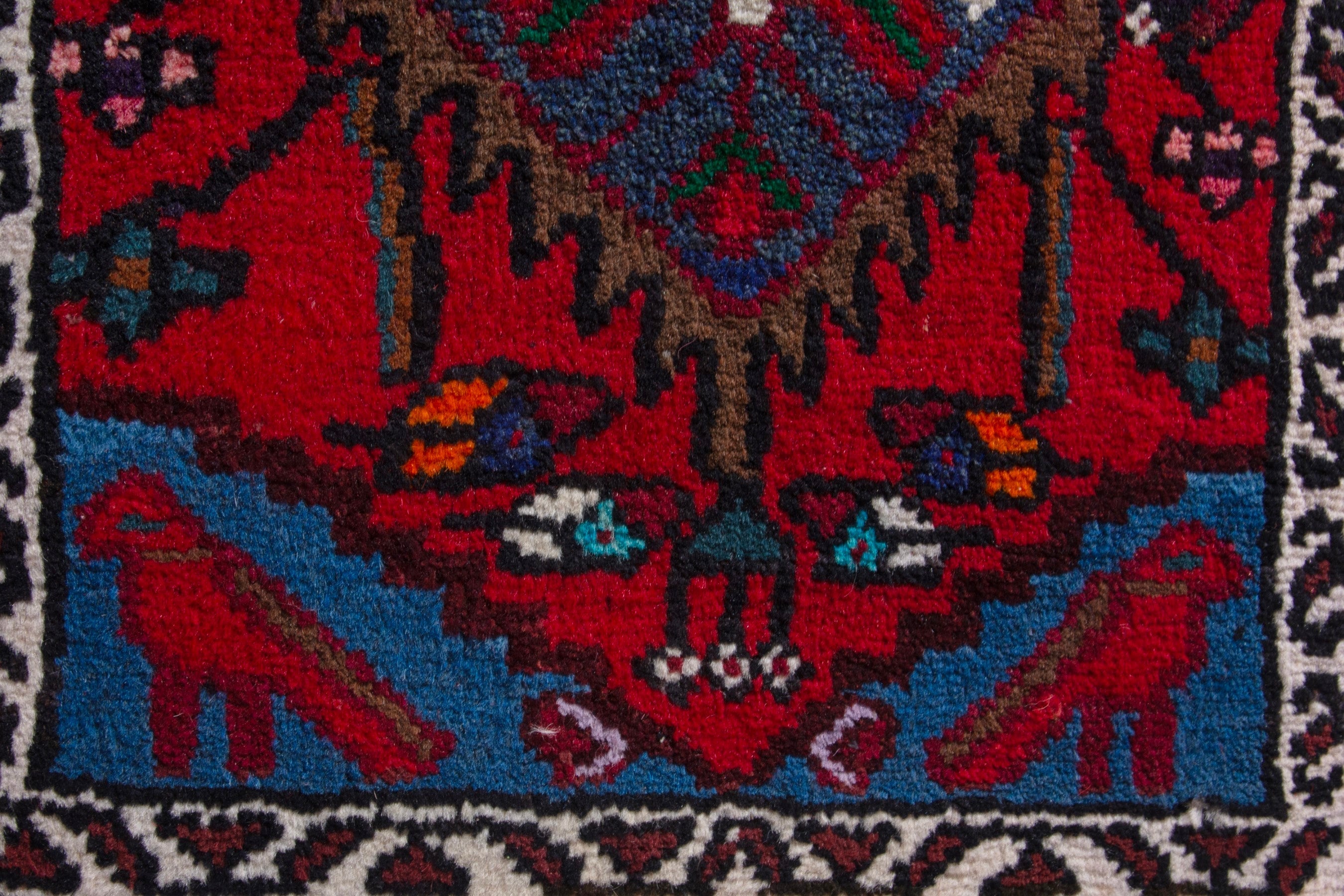 Persian Hamedan accent rug in deep red and dark blue, view 7 of 9