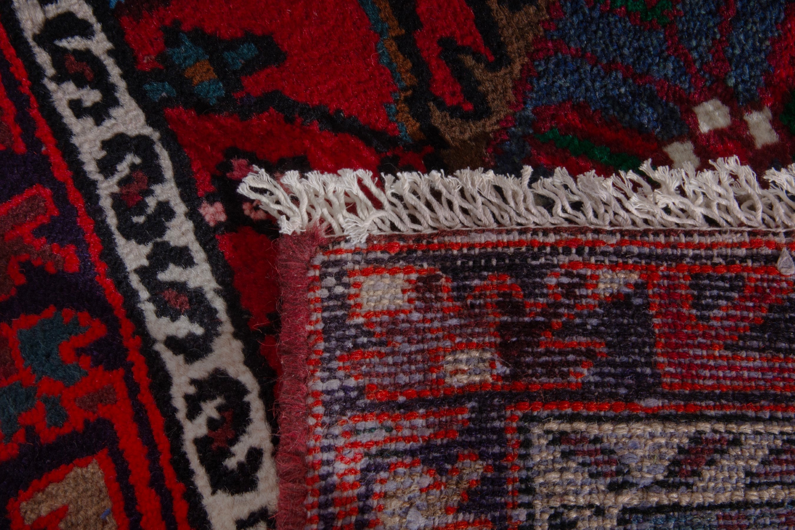 Persian Hamedan accent rug in deep red and dark blue, view 9 of 9