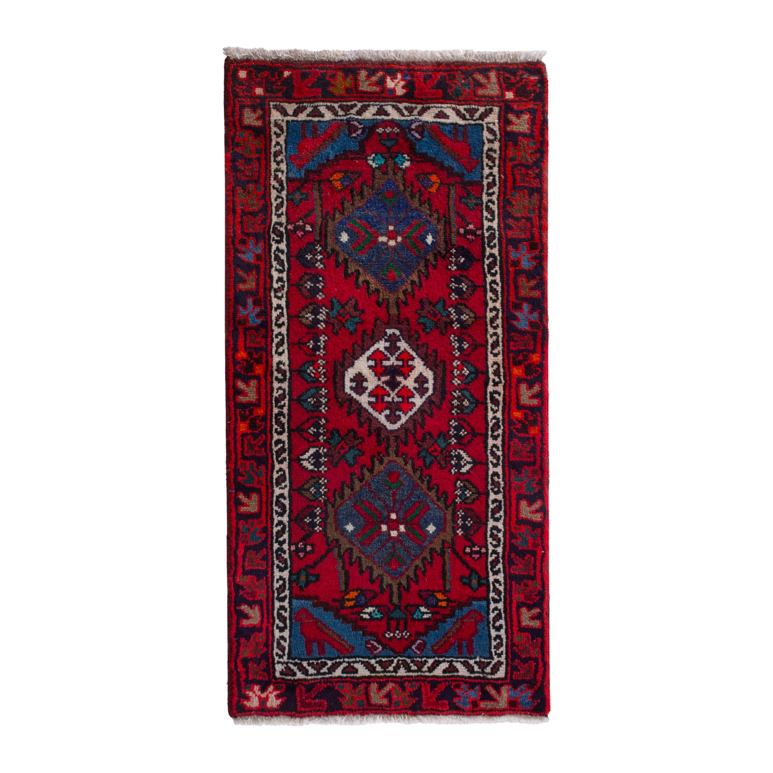 Persian Hamedan accent rug in deep red and dark blue, 1'10" x 3'7"