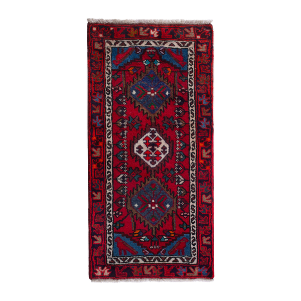 Persian Hamedan accent rug in deep red and dark blue, 1'10" x 3'7"