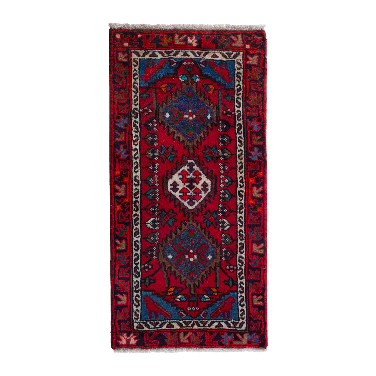 Persian Hamedan accent rug in deep red and dark blue, 1'10" x 3'7"