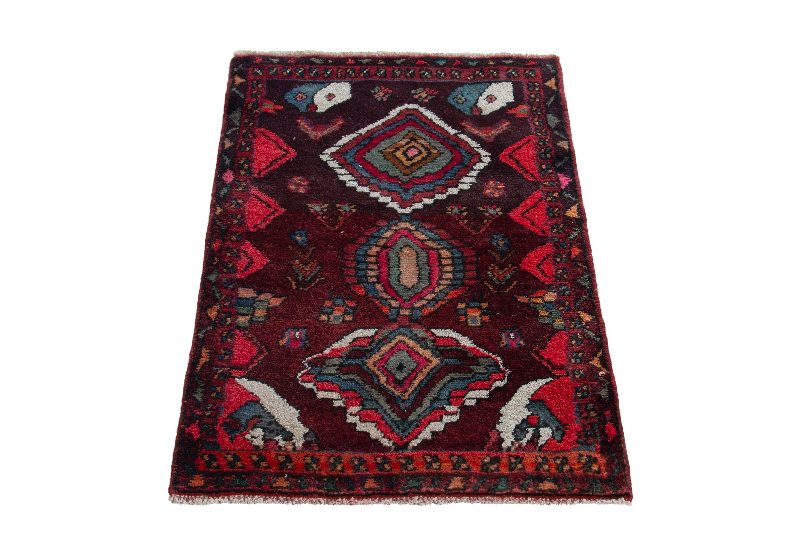Persian Hamedan accent rug in burgundy and deep red, view 2 of 9