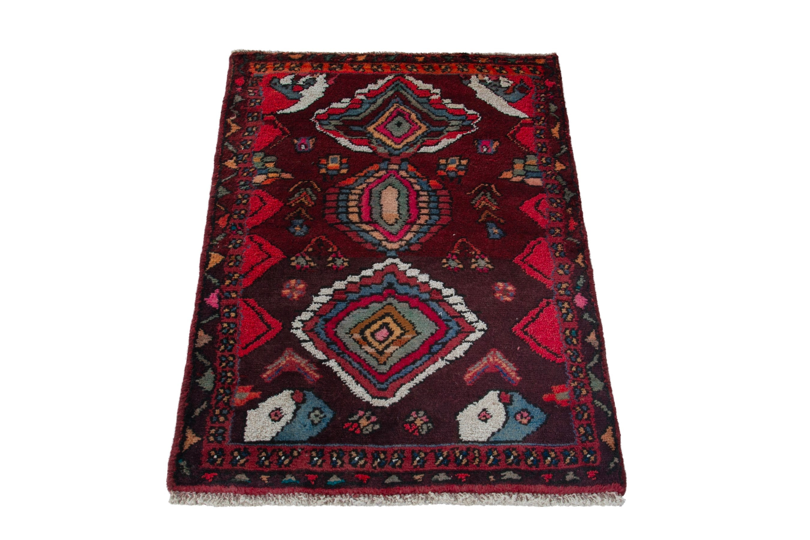 Persian Hamedan accent rug in burgundy and deep red, view 3 of 9