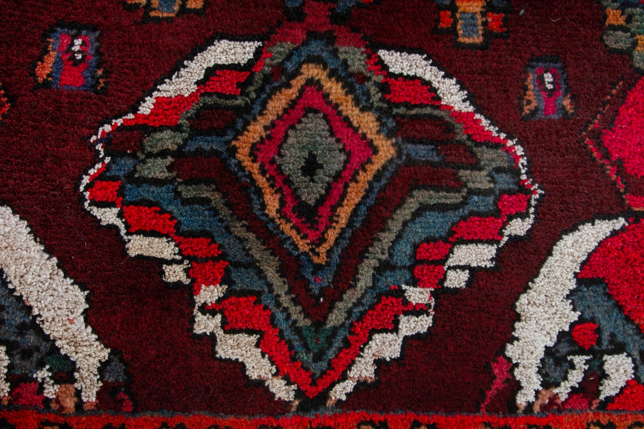 Persian Hamedan accent rug in burgundy and deep red, view 6 of 9