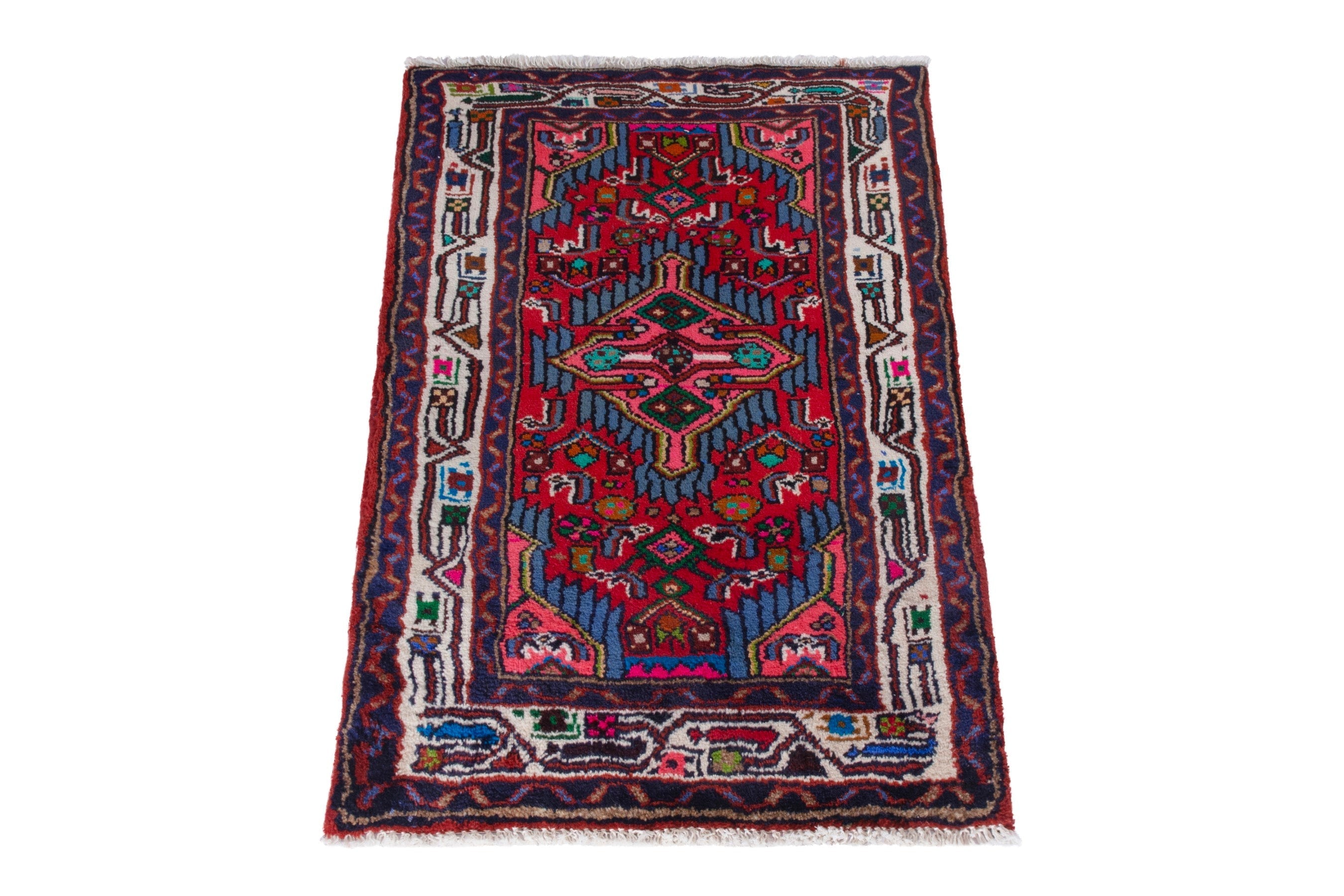 Persian Hamedan accent rug in deep red and navy, view 2 of 7