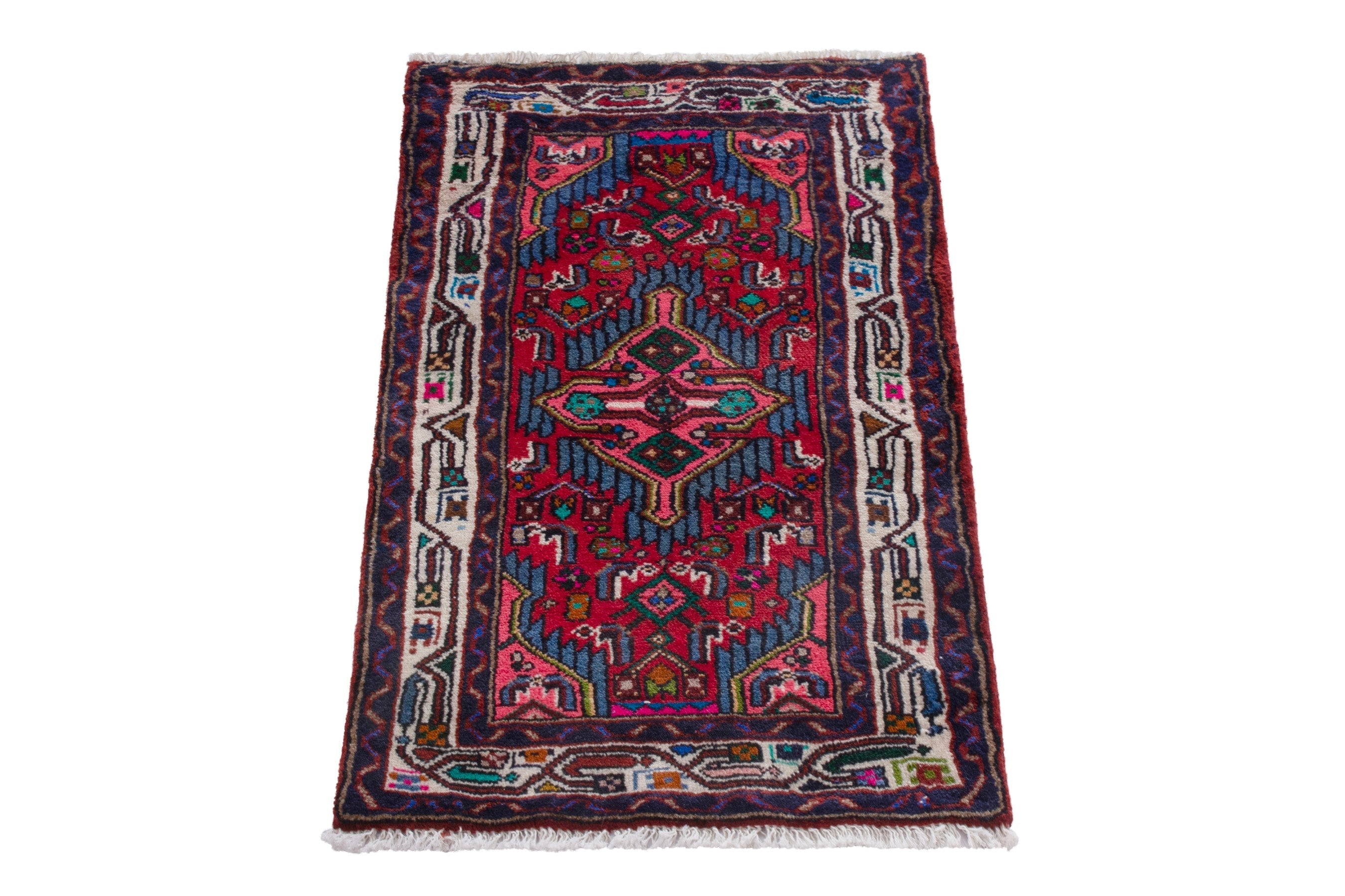 Persian Hamedan accent rug in deep red and navy, view 3 of 7