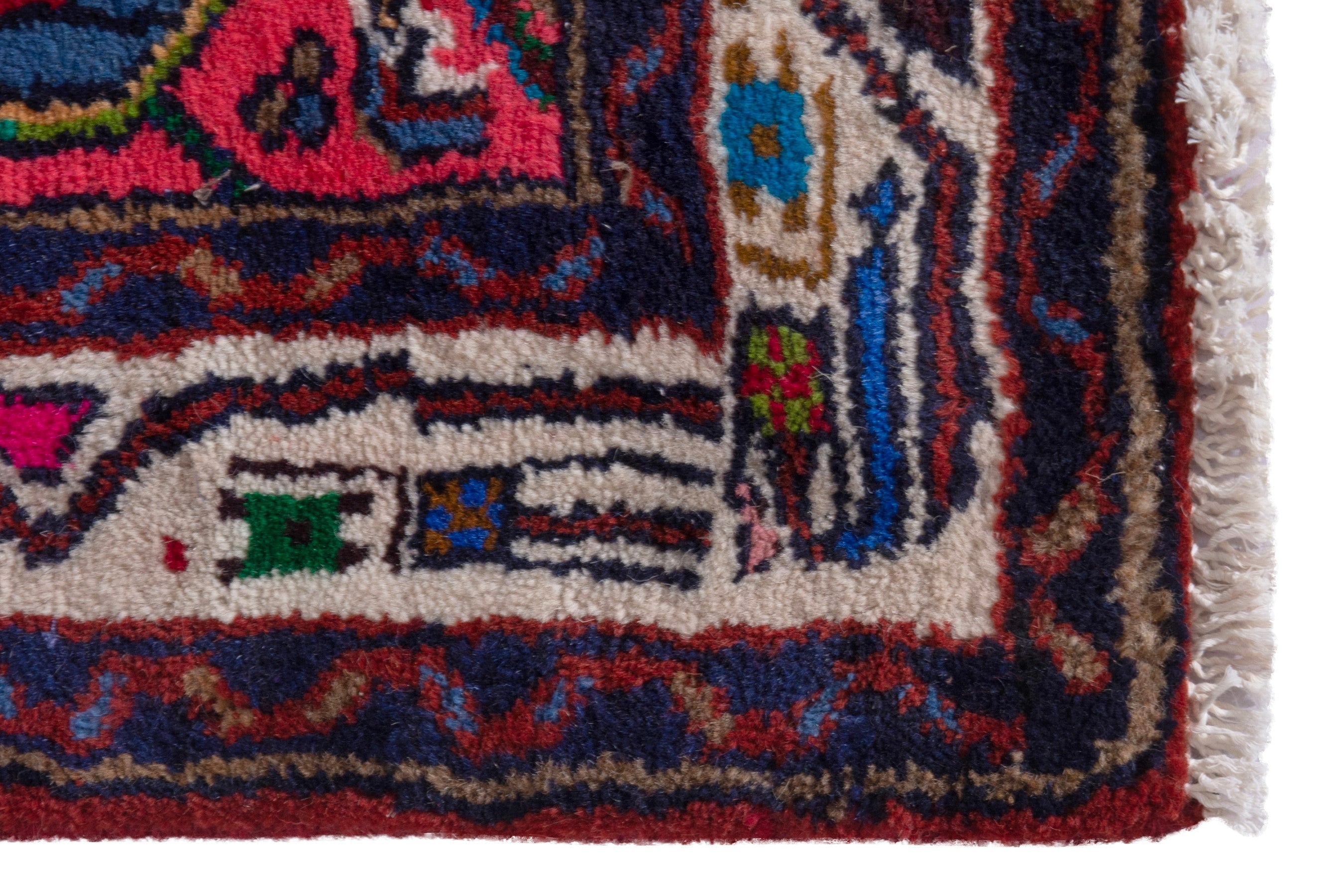 Persian Hamedan accent rug in deep red and navy, view 5 of 7