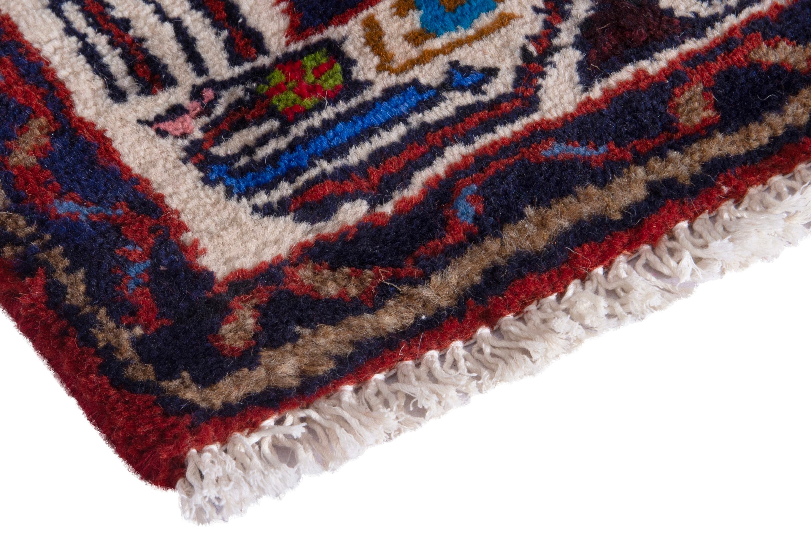 Persian Hamedan accent rug in deep red and navy, view 4 of 7