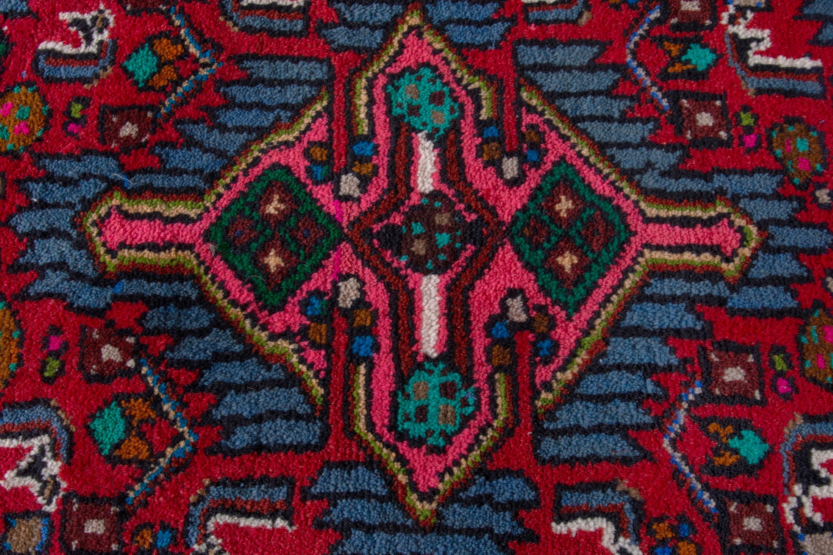 Persian Hamedan accent rug in deep red and navy, view 6 of 7