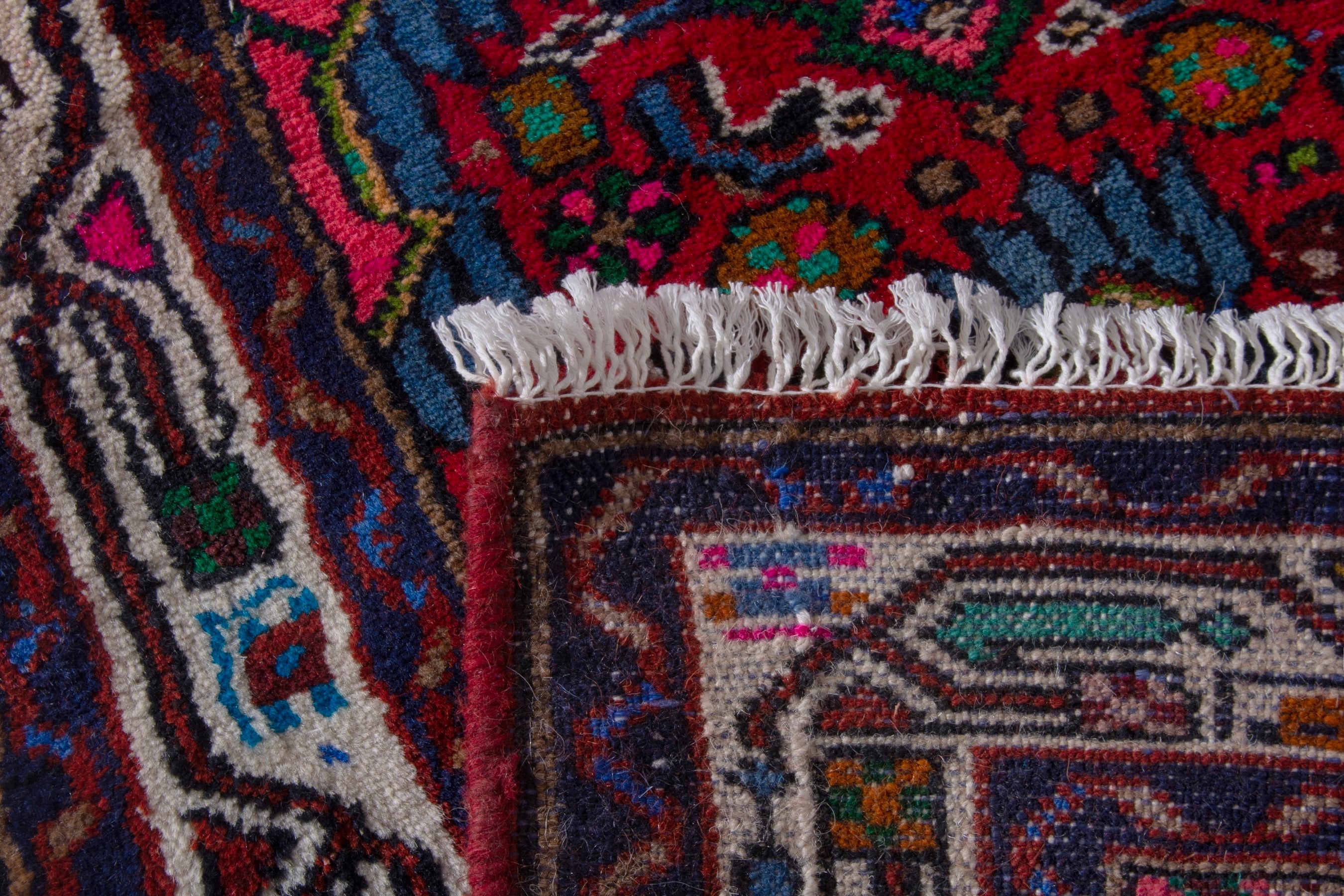 Persian Hamedan accent rug in deep red and navy, view 7 of 7