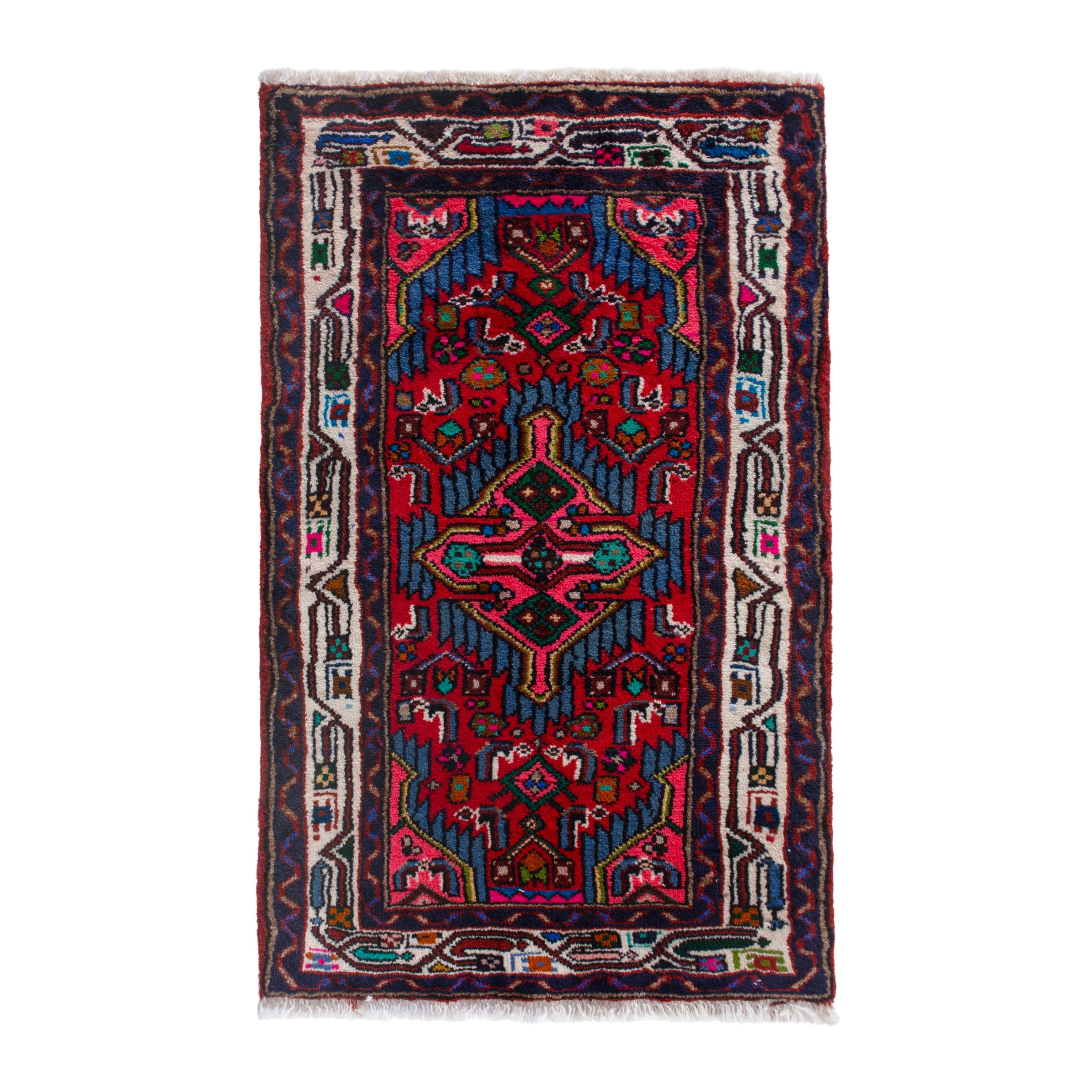 Persian Hamedan accent rug in deep red and navy, 2' x 3'3"