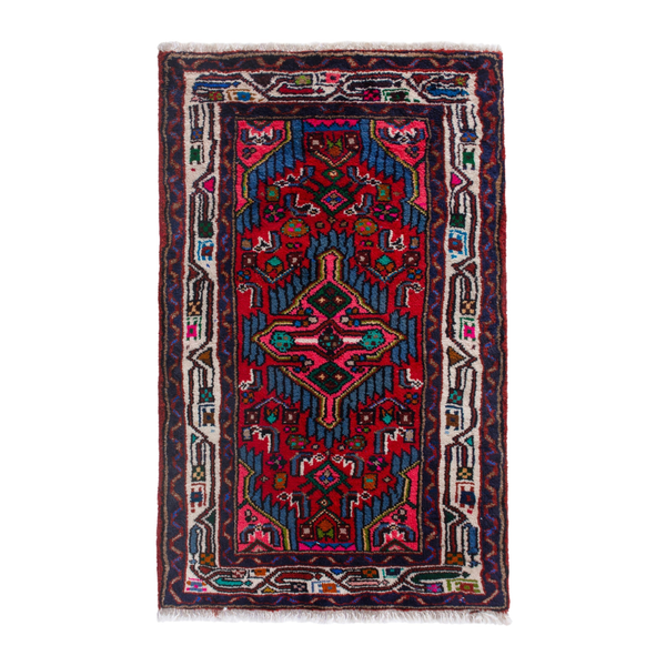 Persian Hamadan accent rug in deep red and navy, 2' x 3'3"