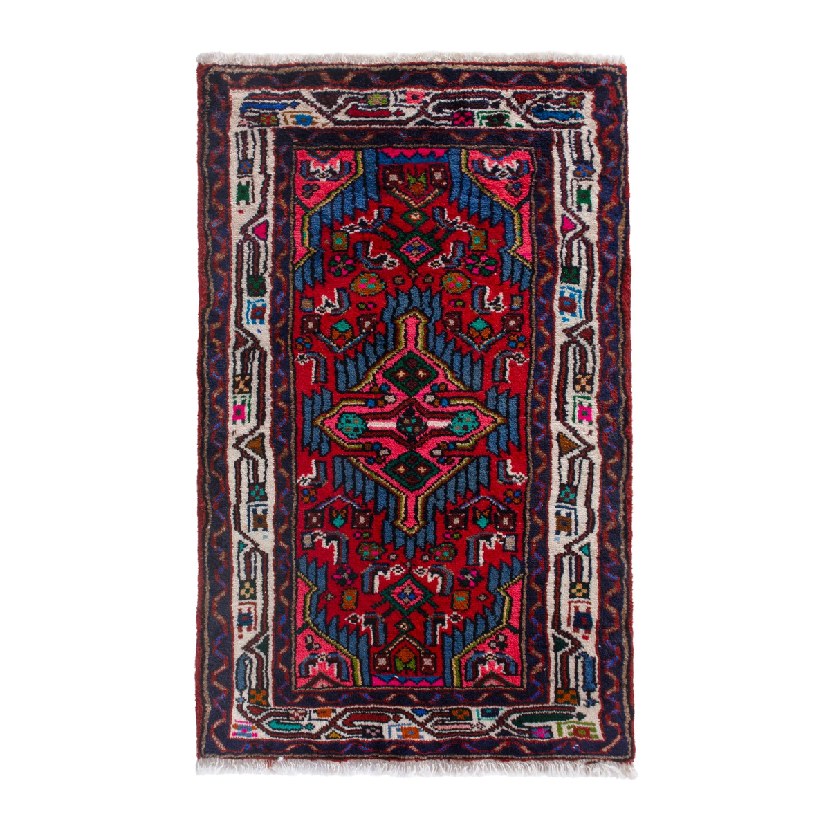 Persian Hamedan accent rug in deep red and navy, 2' x 3'3"