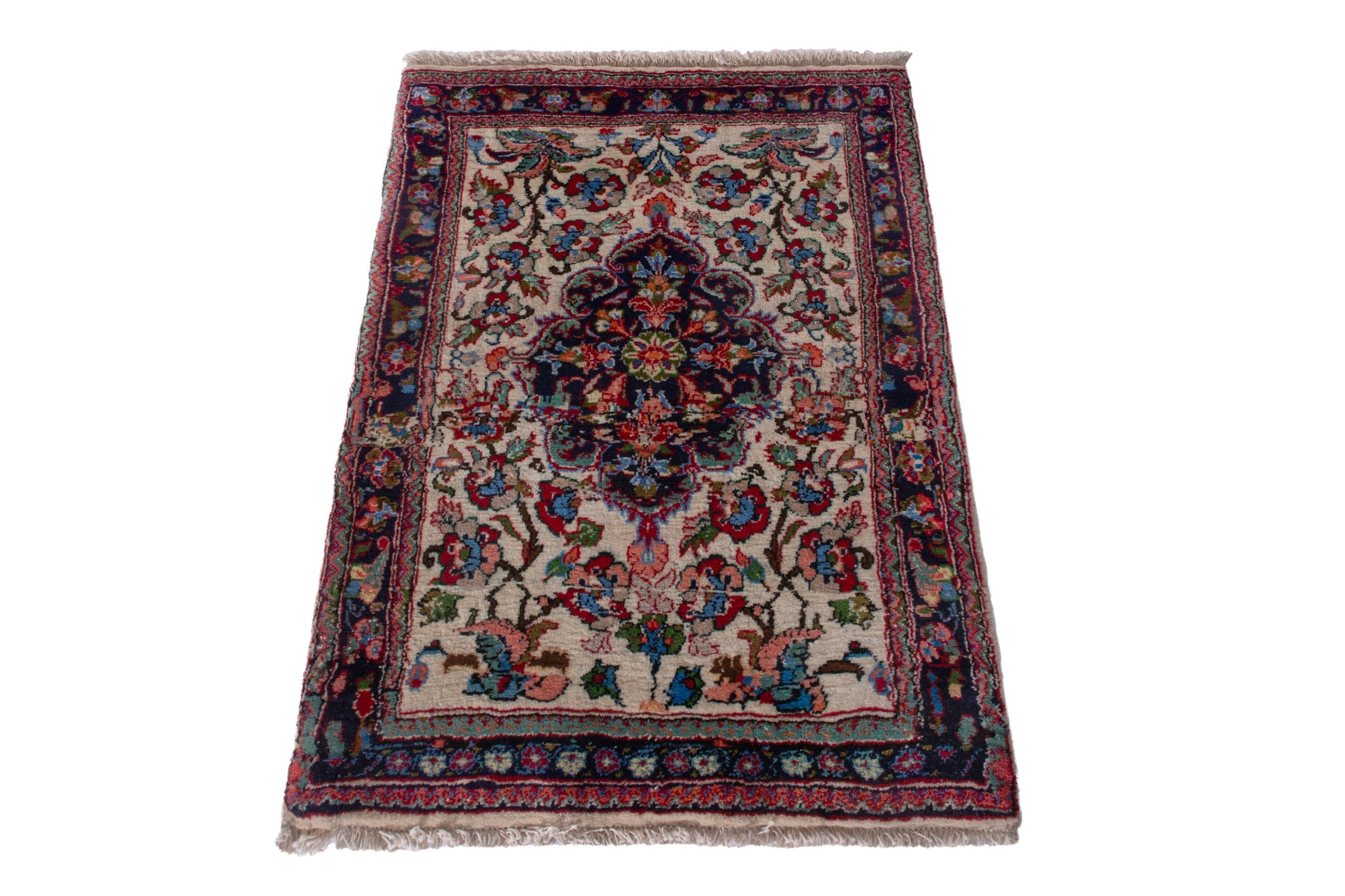 Persian Torkaman accent rug in cream and burgundy, view 2 of 7