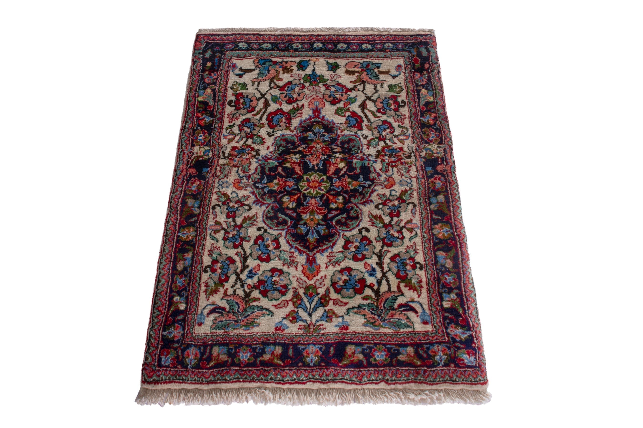 Persian Torkaman accent rug in cream and burgundy, view 3 of 7