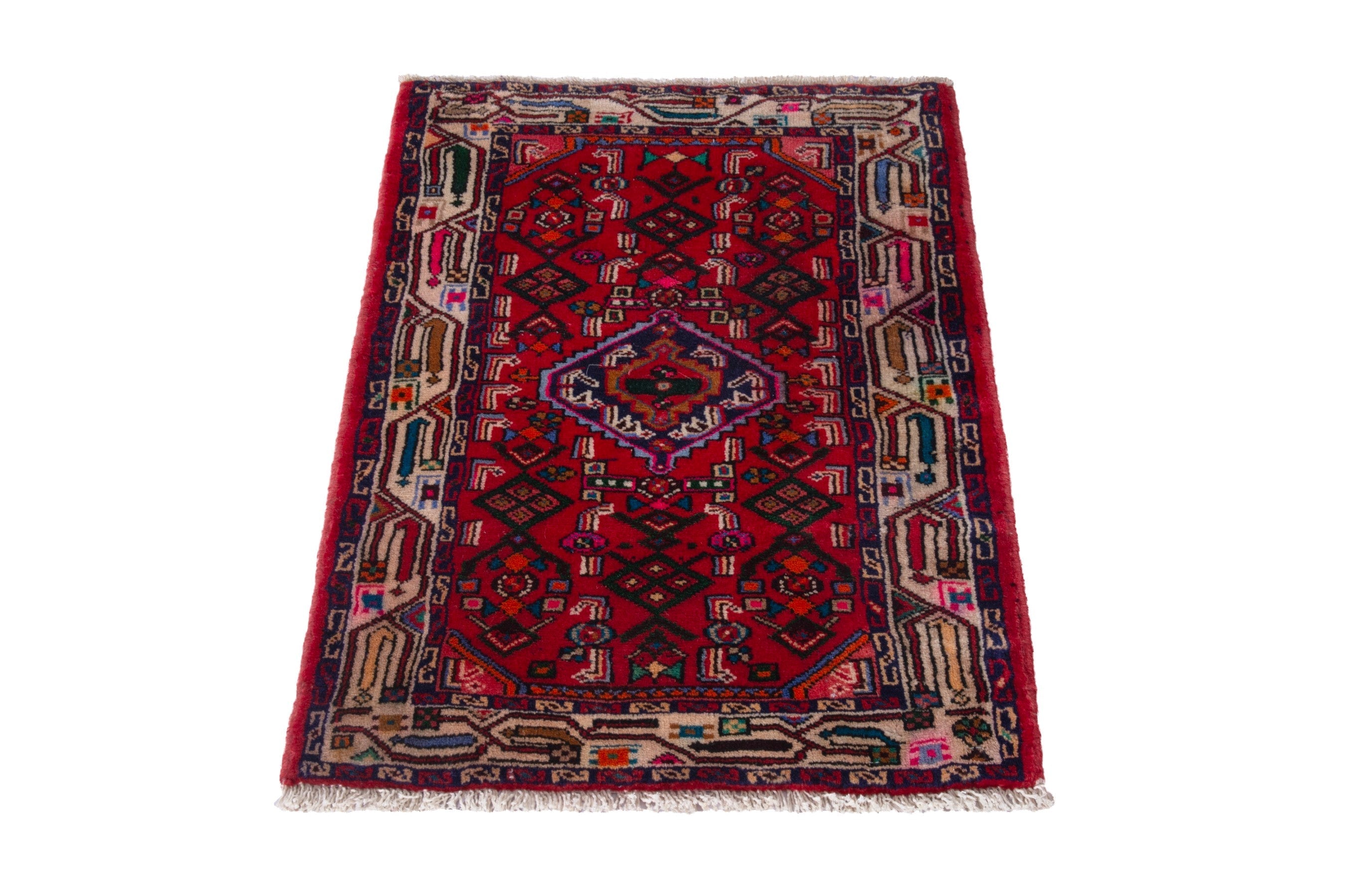 Persian Hamedan accent rug in deep red and off-white, view 2 of 7