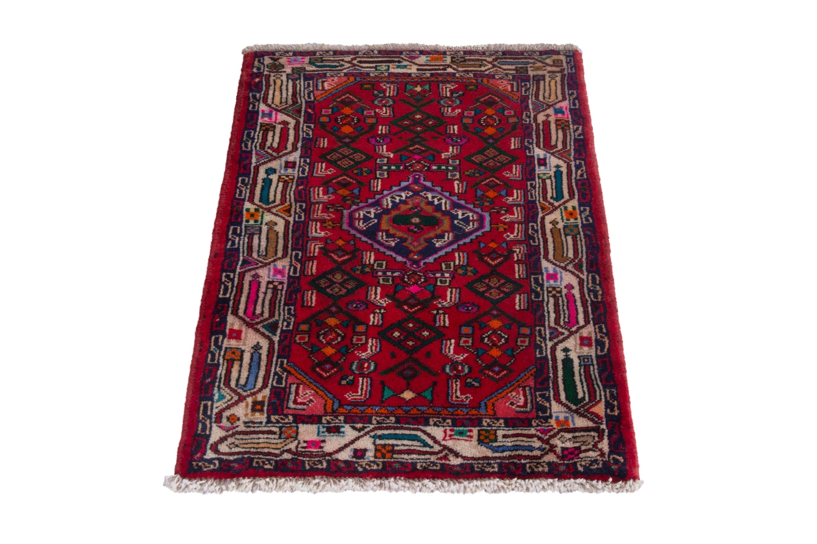Persian Hamedan accent rug in deep red and off-white, view 3 of 7