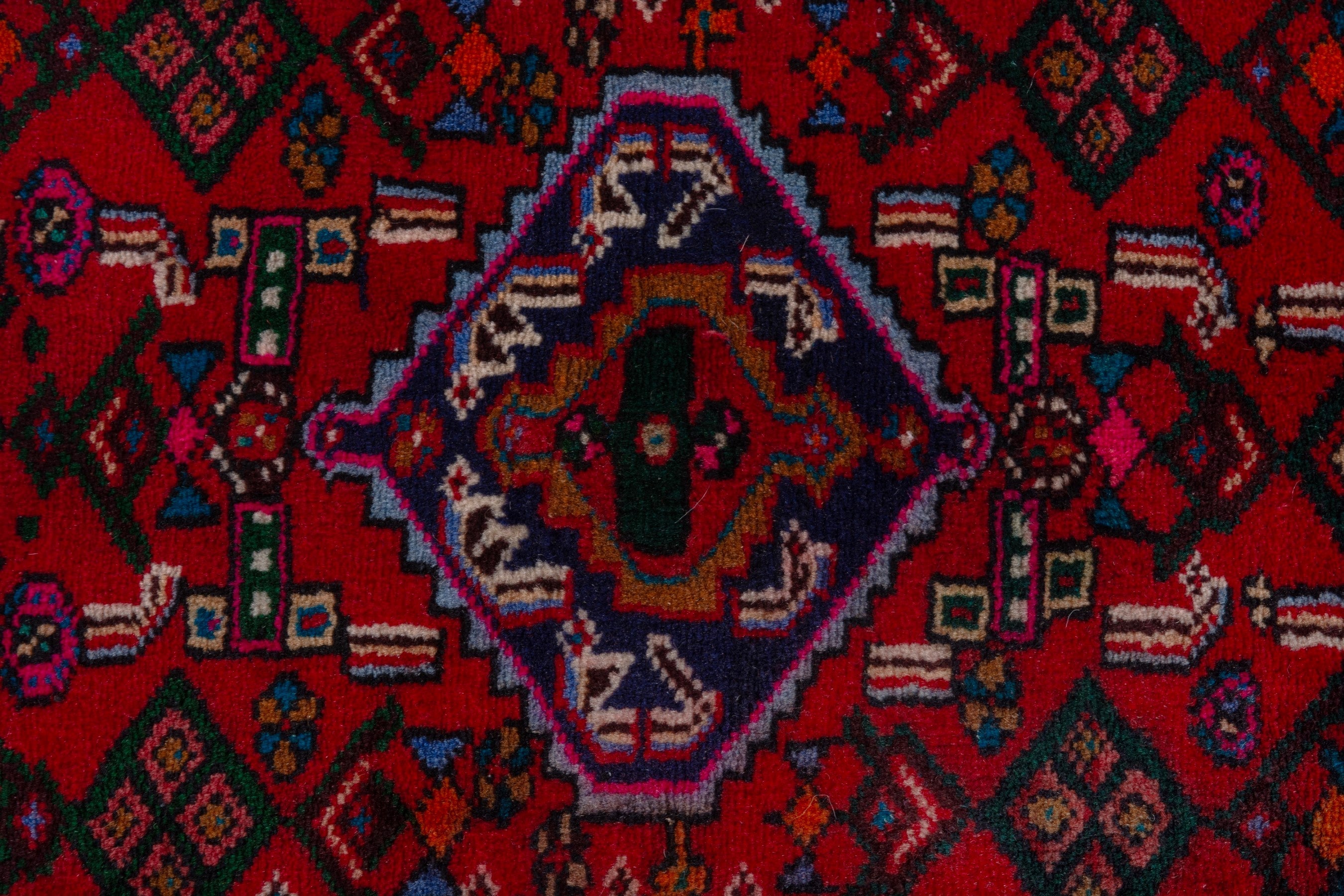 Persian Hamedan accent rug in deep red and off-white, view 6 of 7