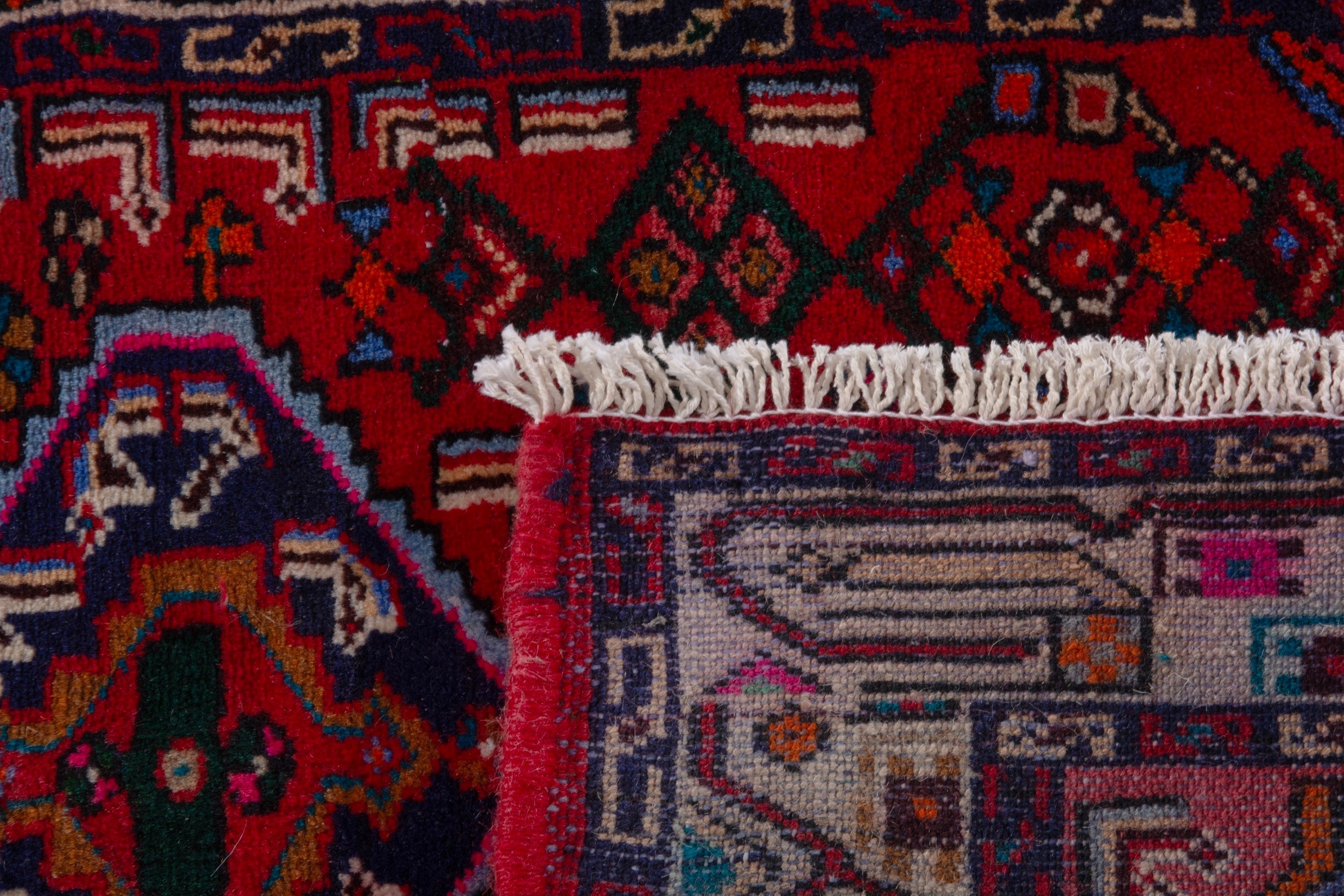 Persian Hamedan accent rug in deep red and off-white, view 7 of 7