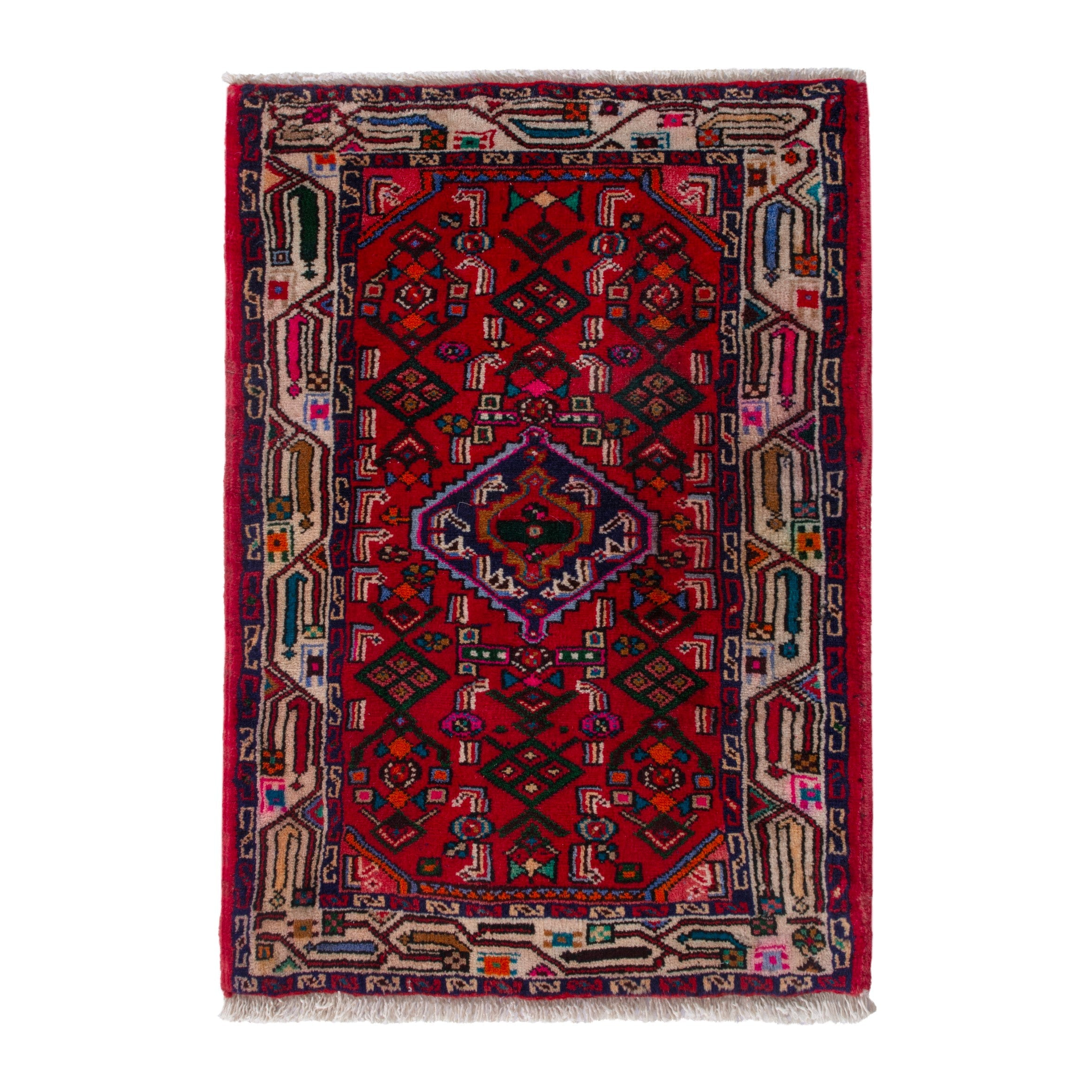 Persian Hamedan accent rug in deep red and off-white, 2' x 2'11"