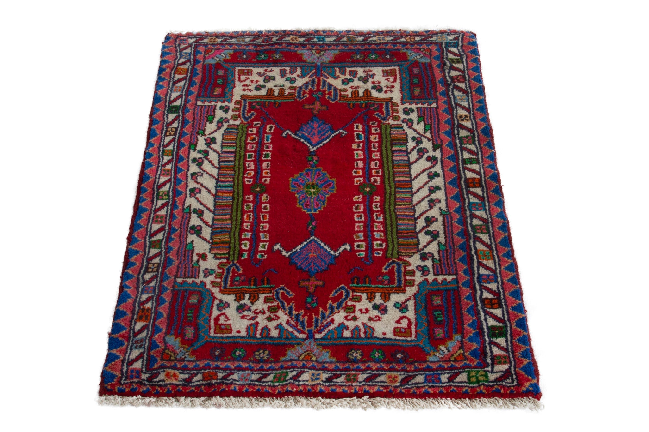 Persian Nahavand accent rug in deep red and cream, view 2 of 9