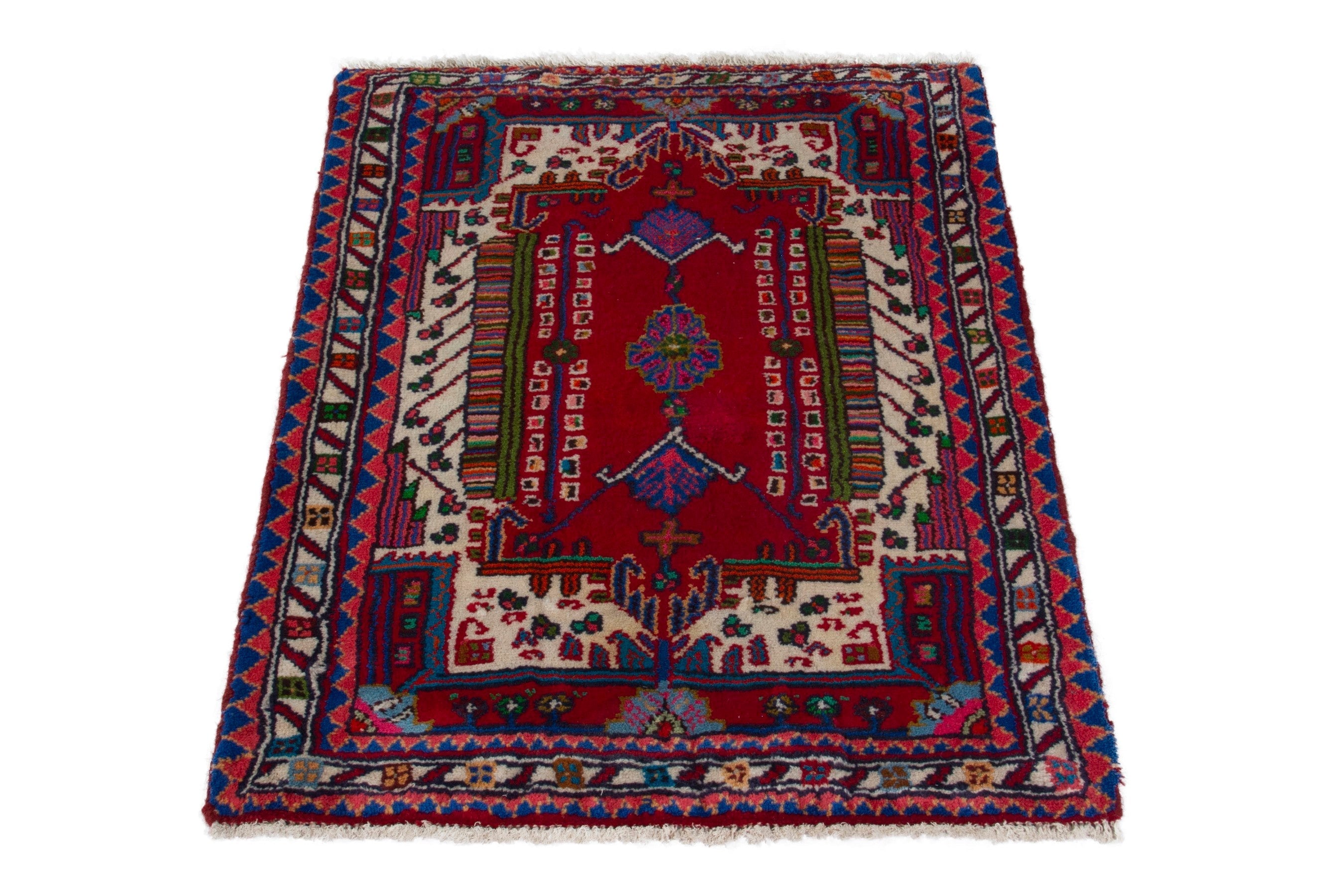 Persian Nahavand accent rug in deep red and cream, view 3 of 9