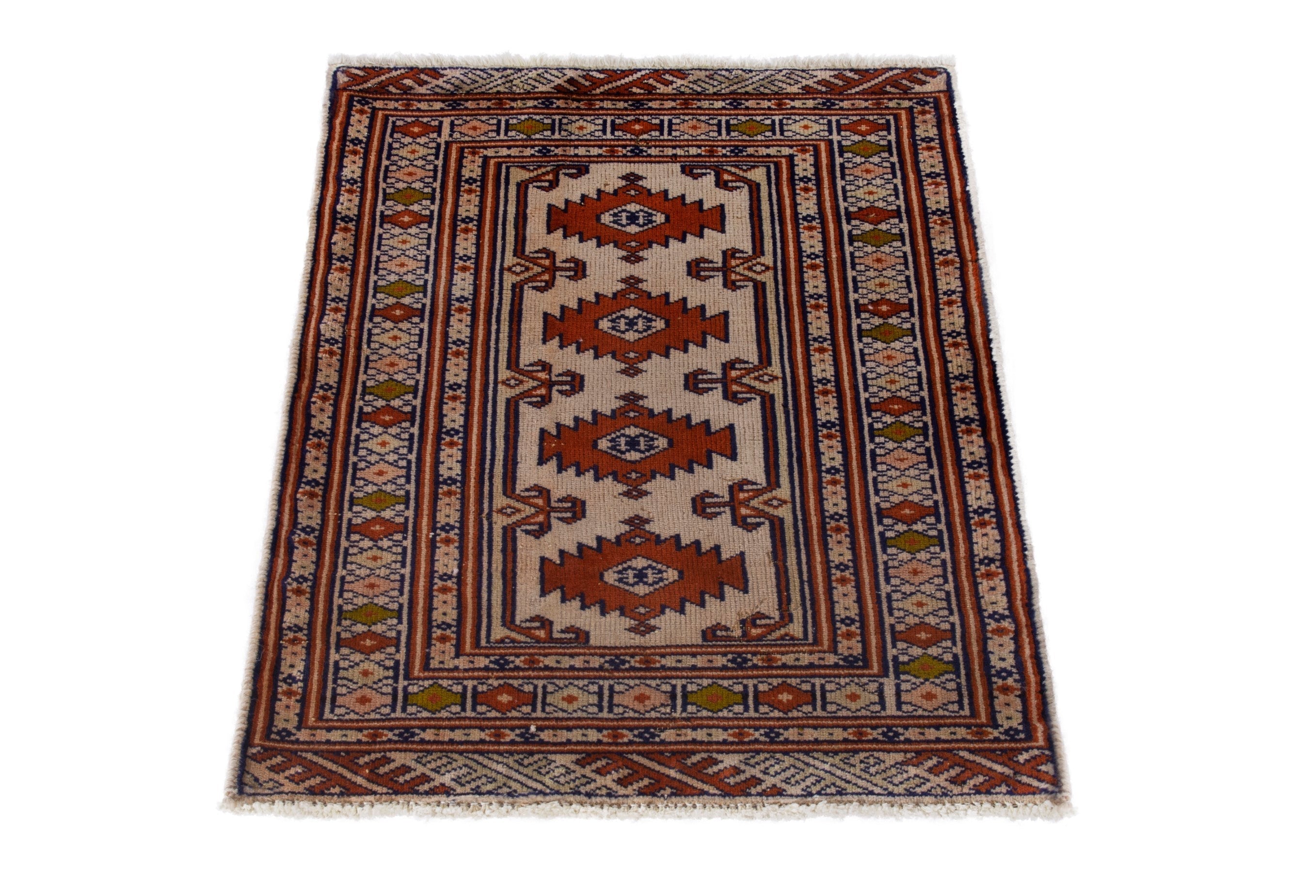 Persian Torkaman accent rug in cream and rust, view 2 of 7