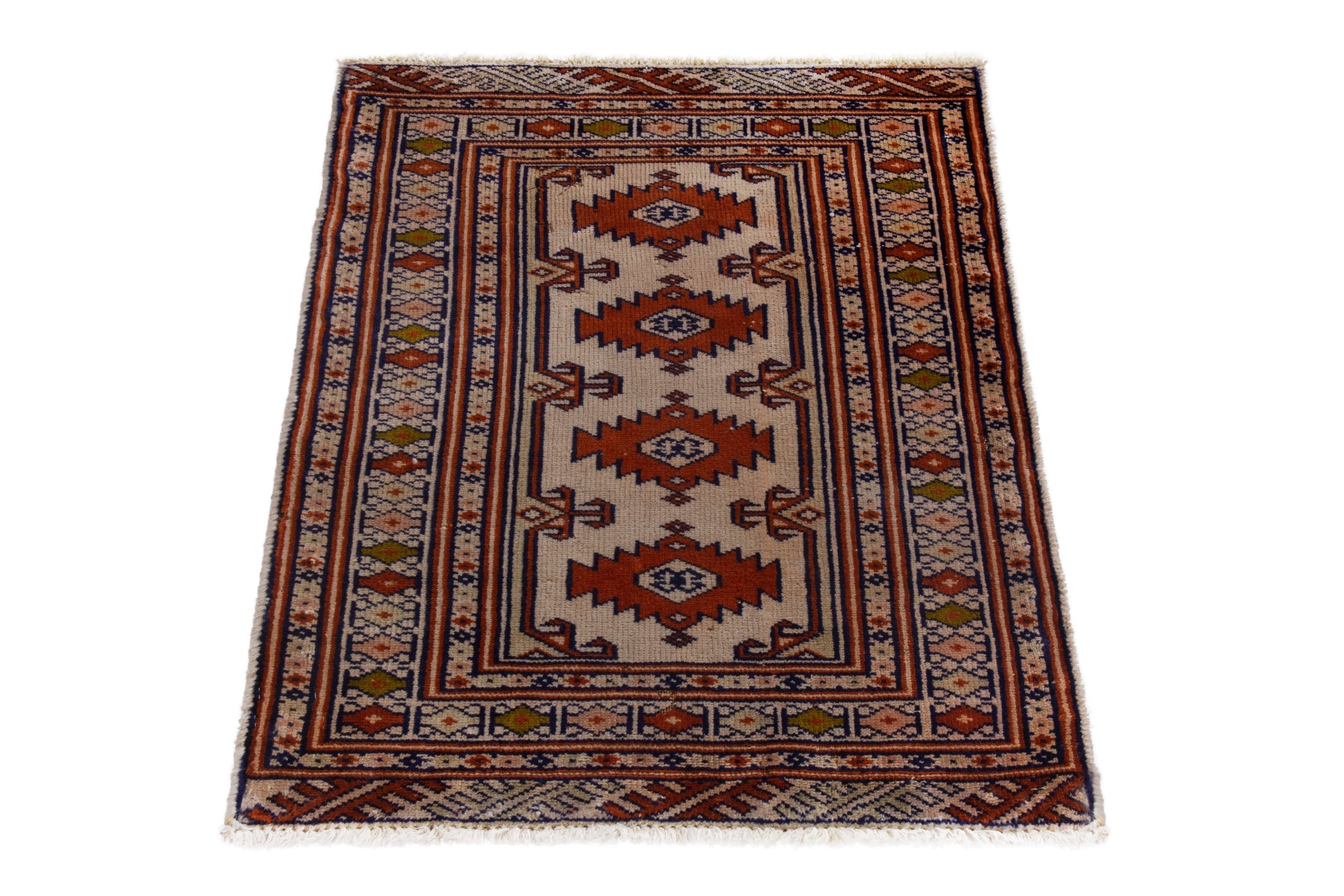 Persian Torkaman accent rug in cream and rust, view 3 of 7