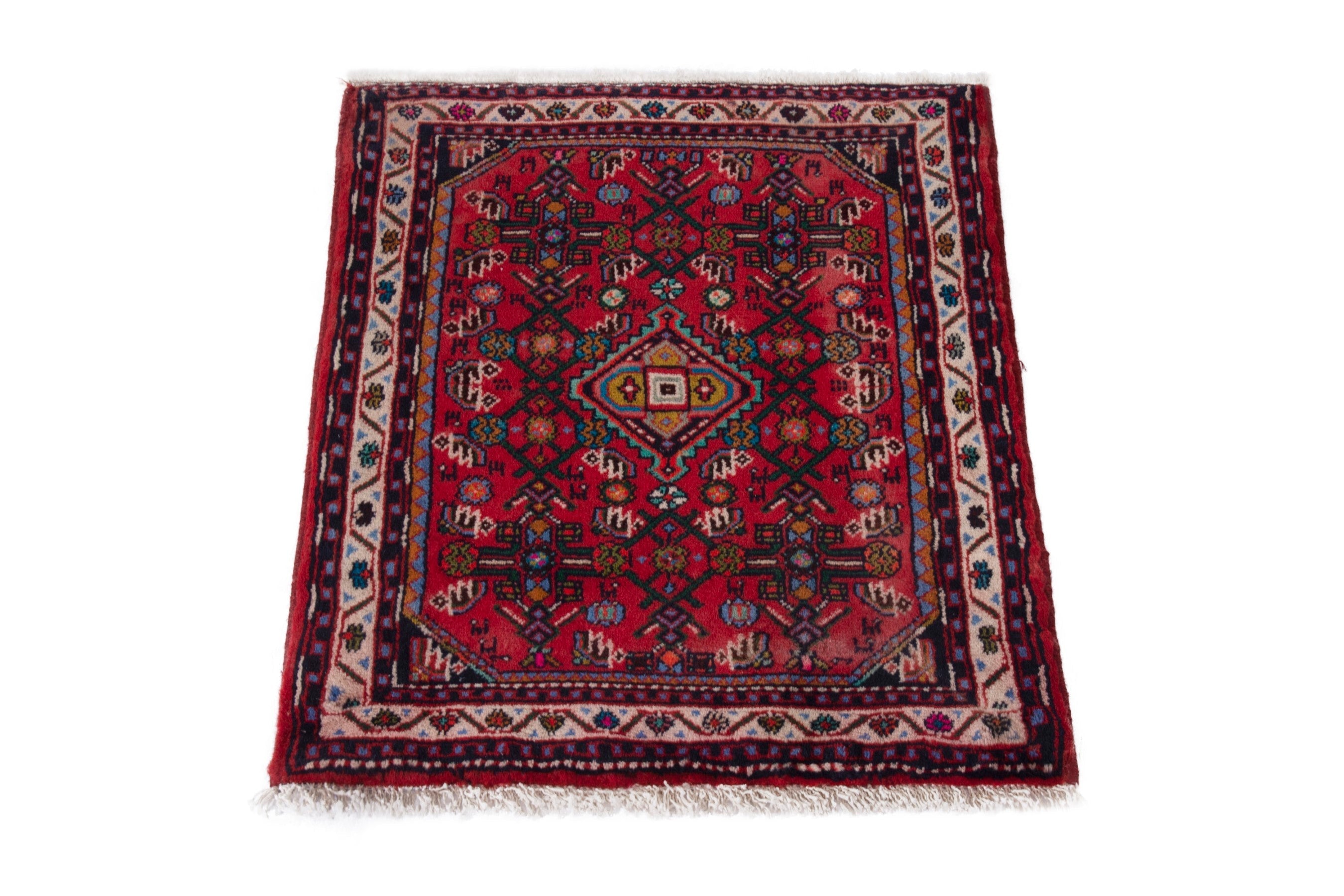Persian Hamedan accent rug in deep red and cream, view 2 of 7