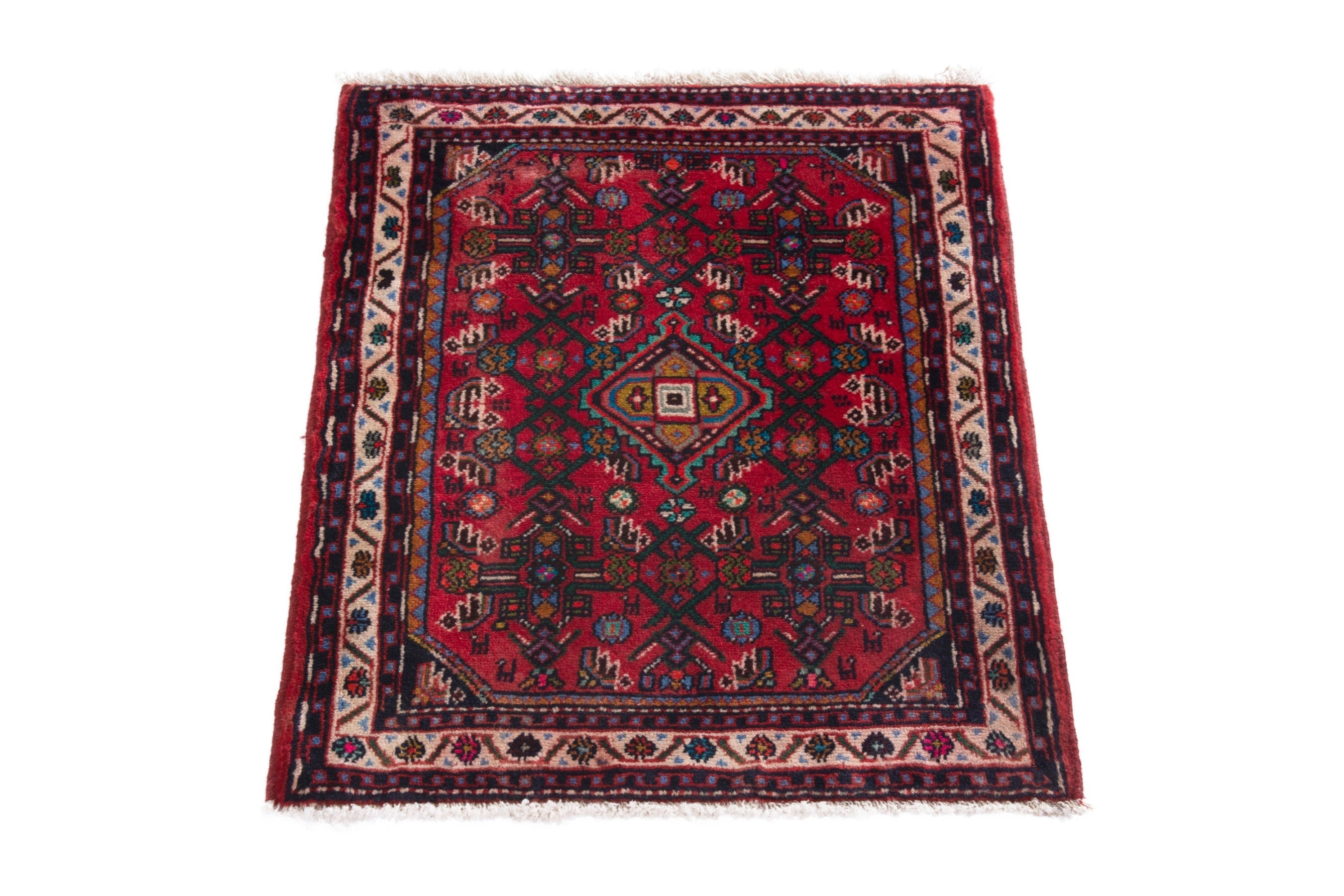 Persian Hamedan accent rug in deep red and cream, view 3 of 7