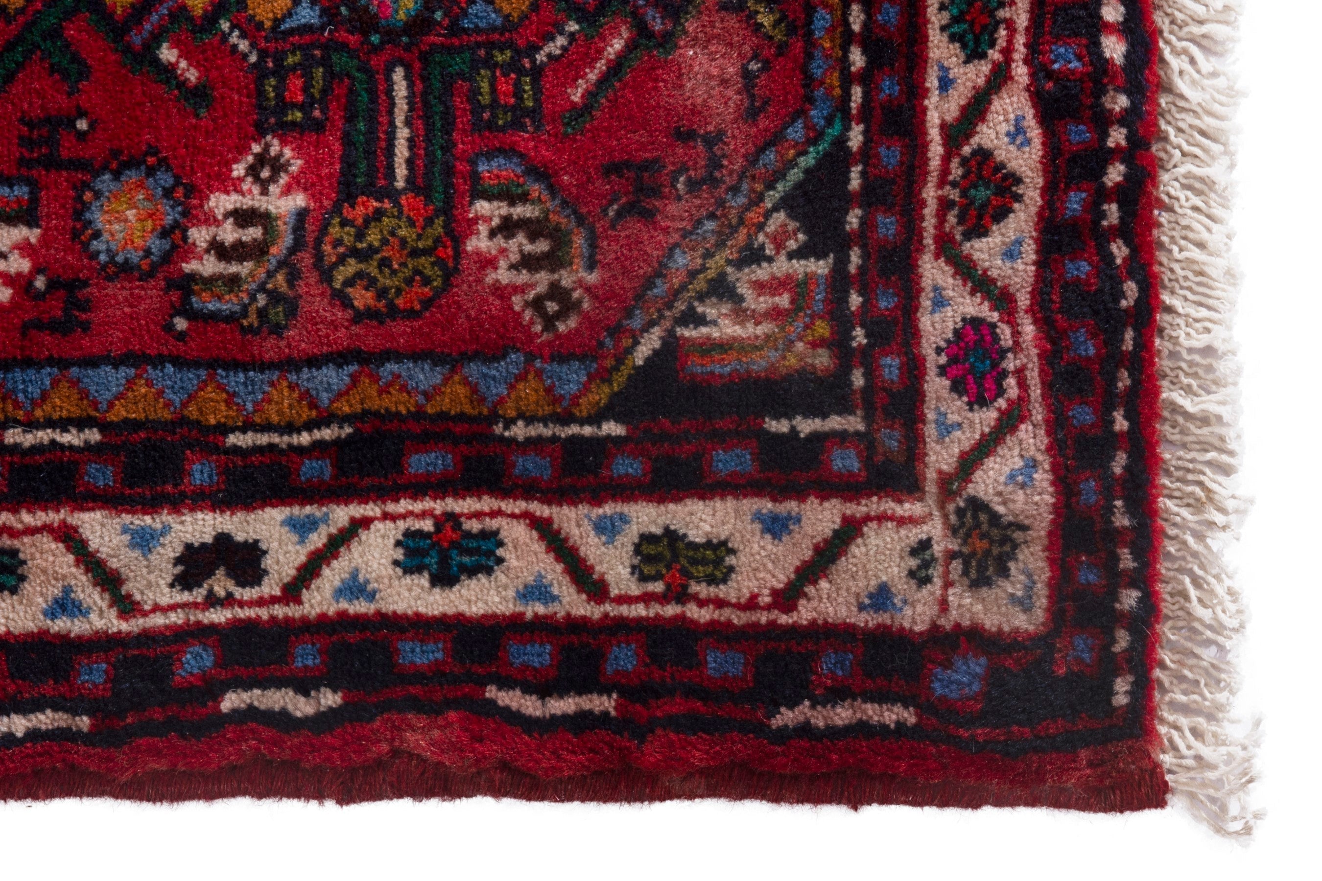 Persian Hamedan accent rug in deep red and cream, view 5 of 7