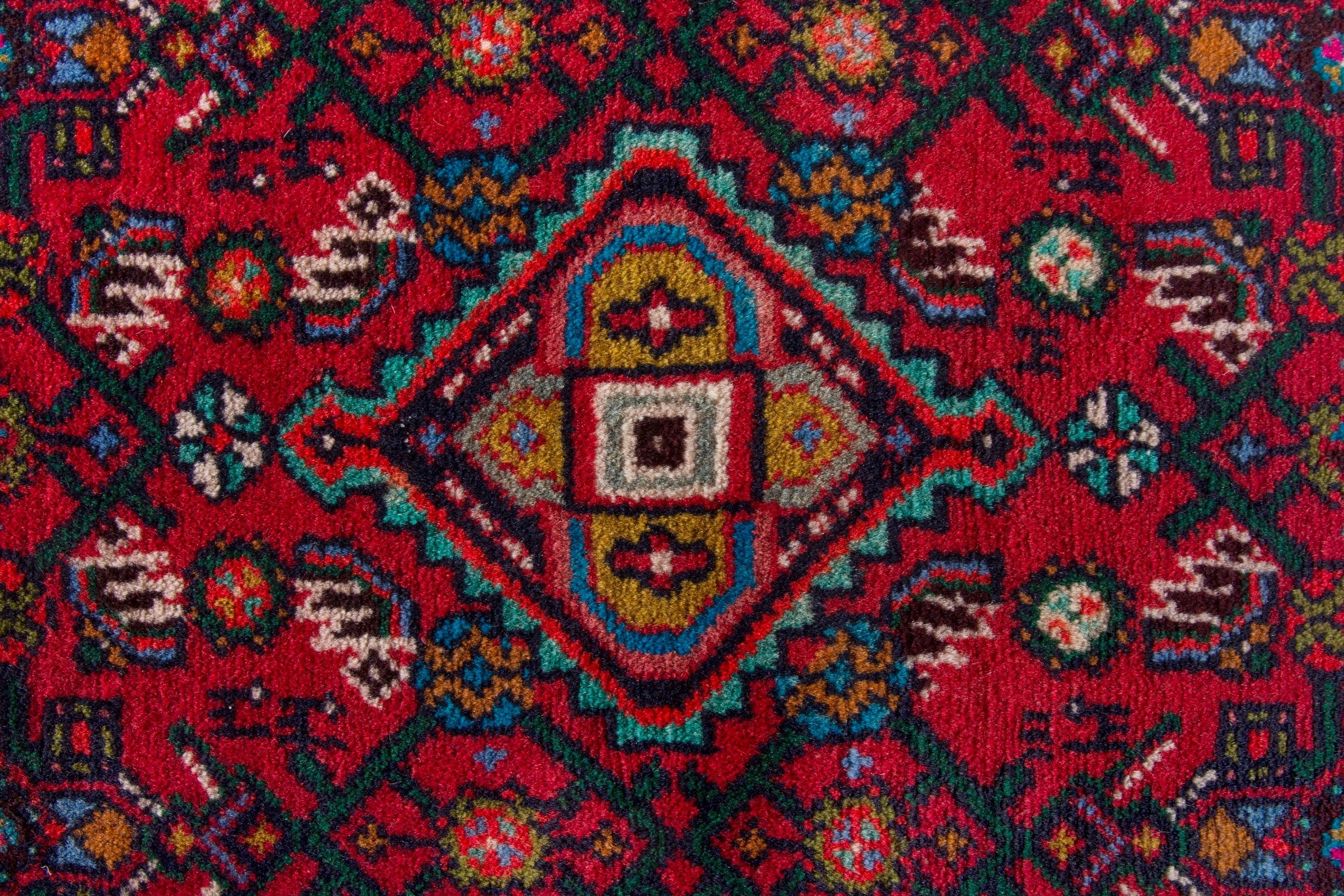 Persian Hamedan accent rug in deep red and cream, view 6 of 7