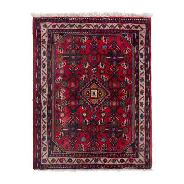 Persian Hamadan accent rug in deep red and cream, 2'1" x 2'5"
