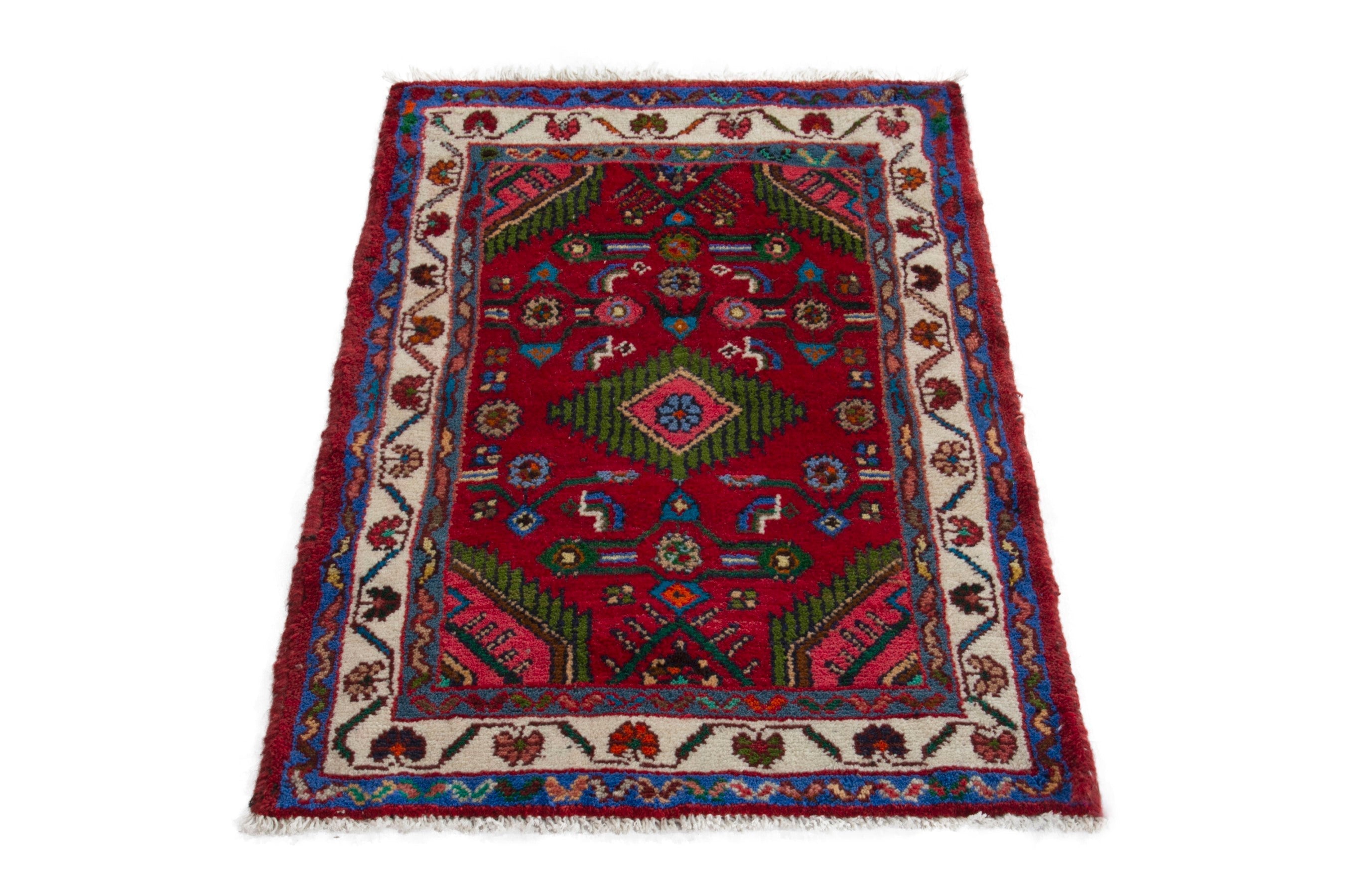 Persian Hamedan accent rug in deep red and cream, view 2 of 9