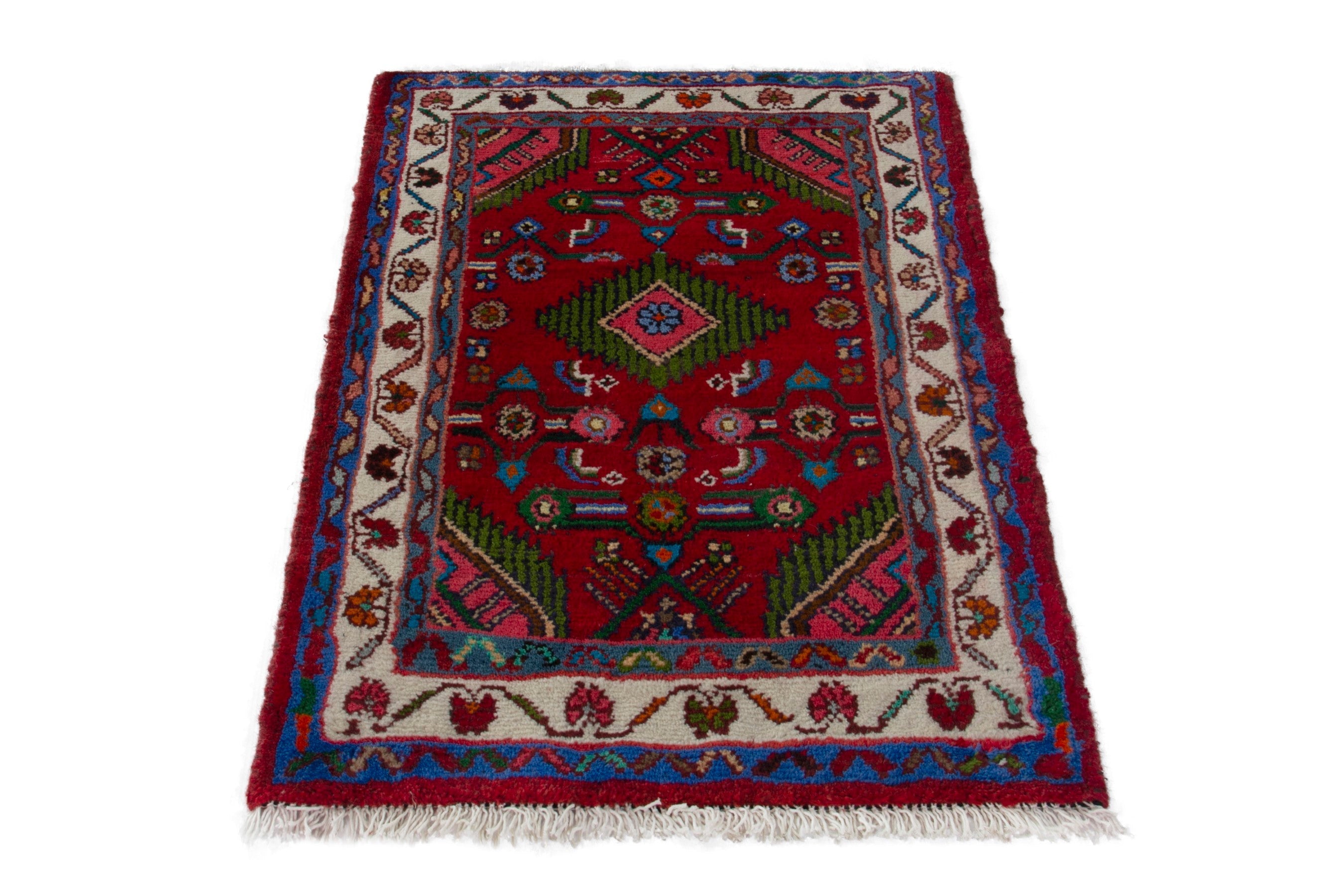 Persian Hamedan accent rug in deep red and cream, view 3 of 9